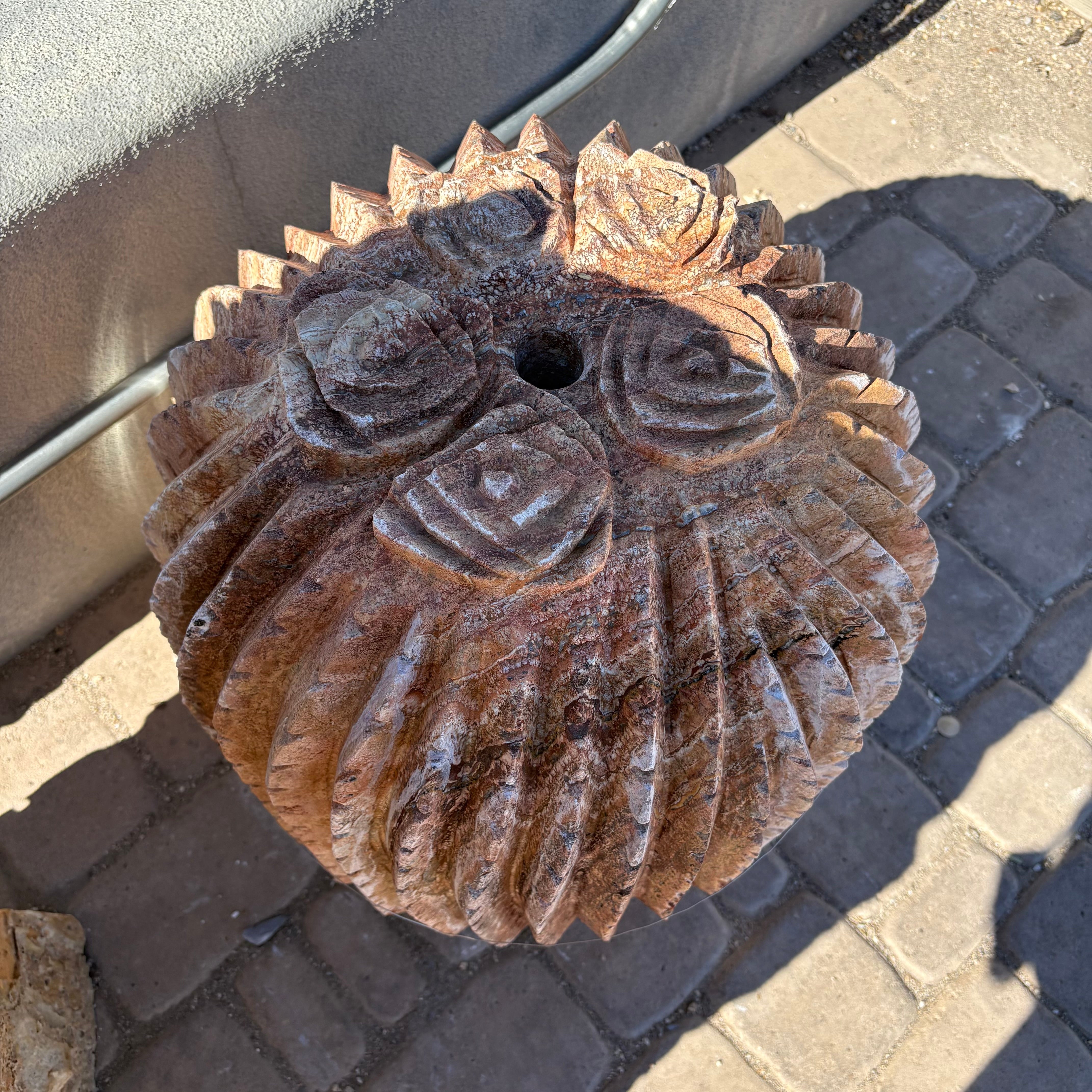 Red Carmel Travertine Barrel Cactus Carving Fountain - Large Sculpture of Trio