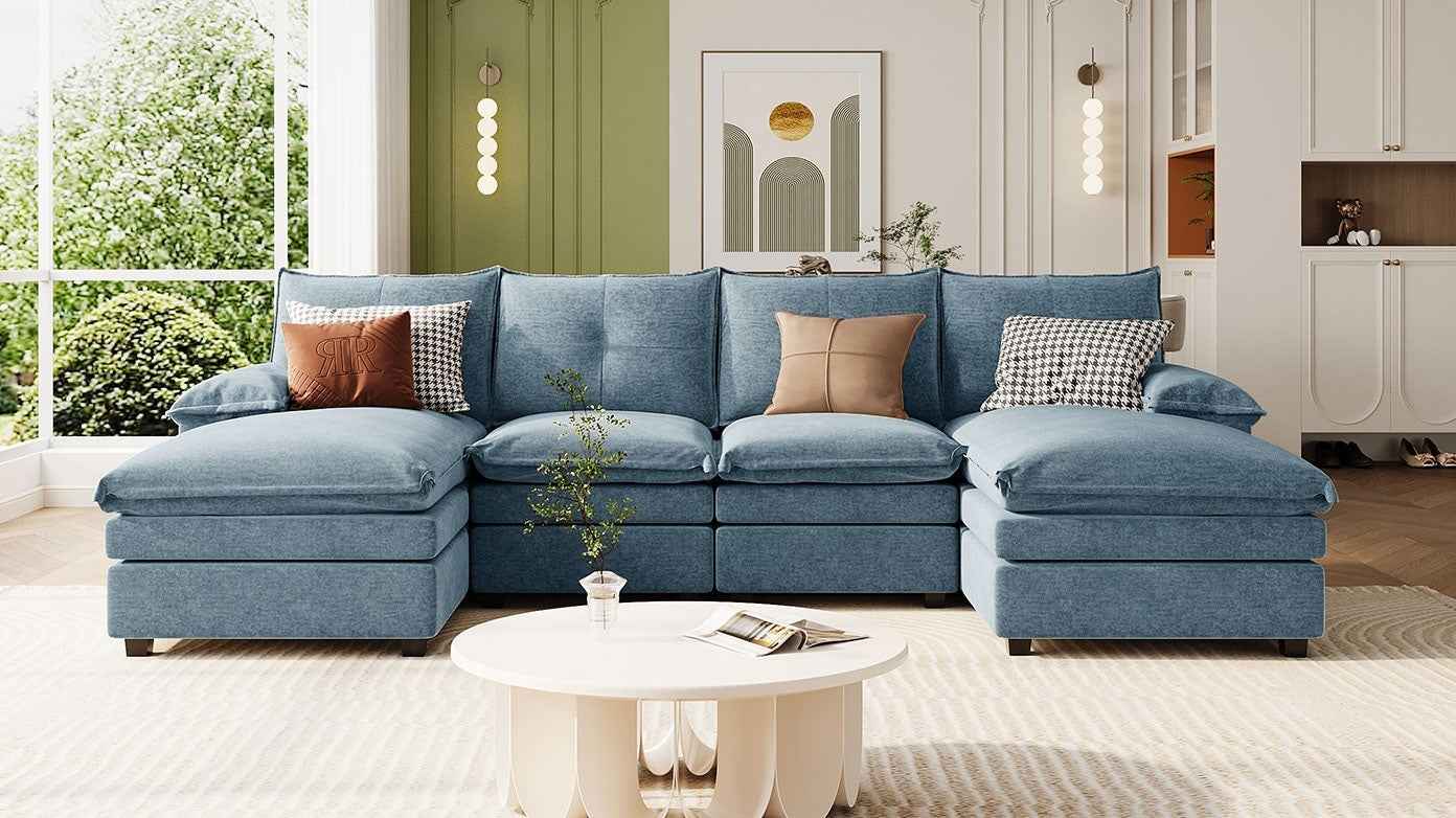 U-Shaped Chenille Sectional Sofa with Adjustable Armrest Pillows -