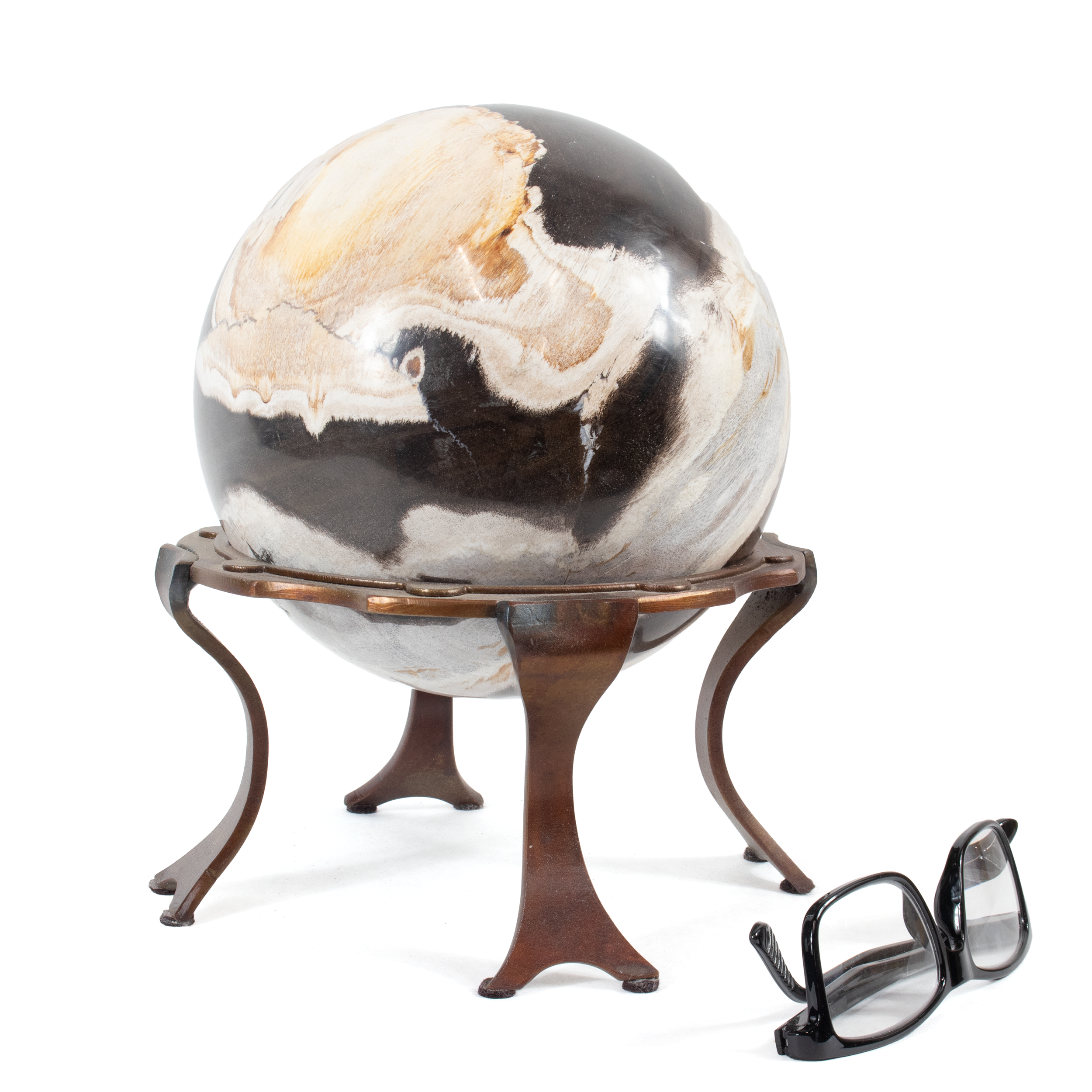 Indonesian Petrified Wood Sphere In Custom Ring Stand - 6.5 Inch Sphere In Copper