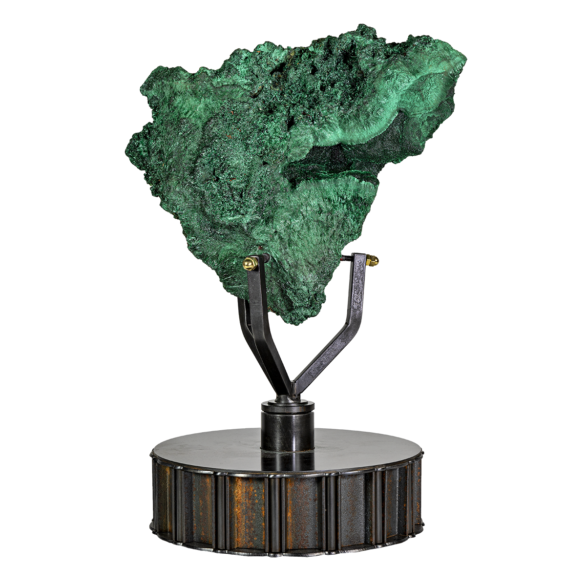 Chatoyant Malachite Specimen in Custom 3 Pronged Rotating Stand with Druze Vug on Lucite Stand