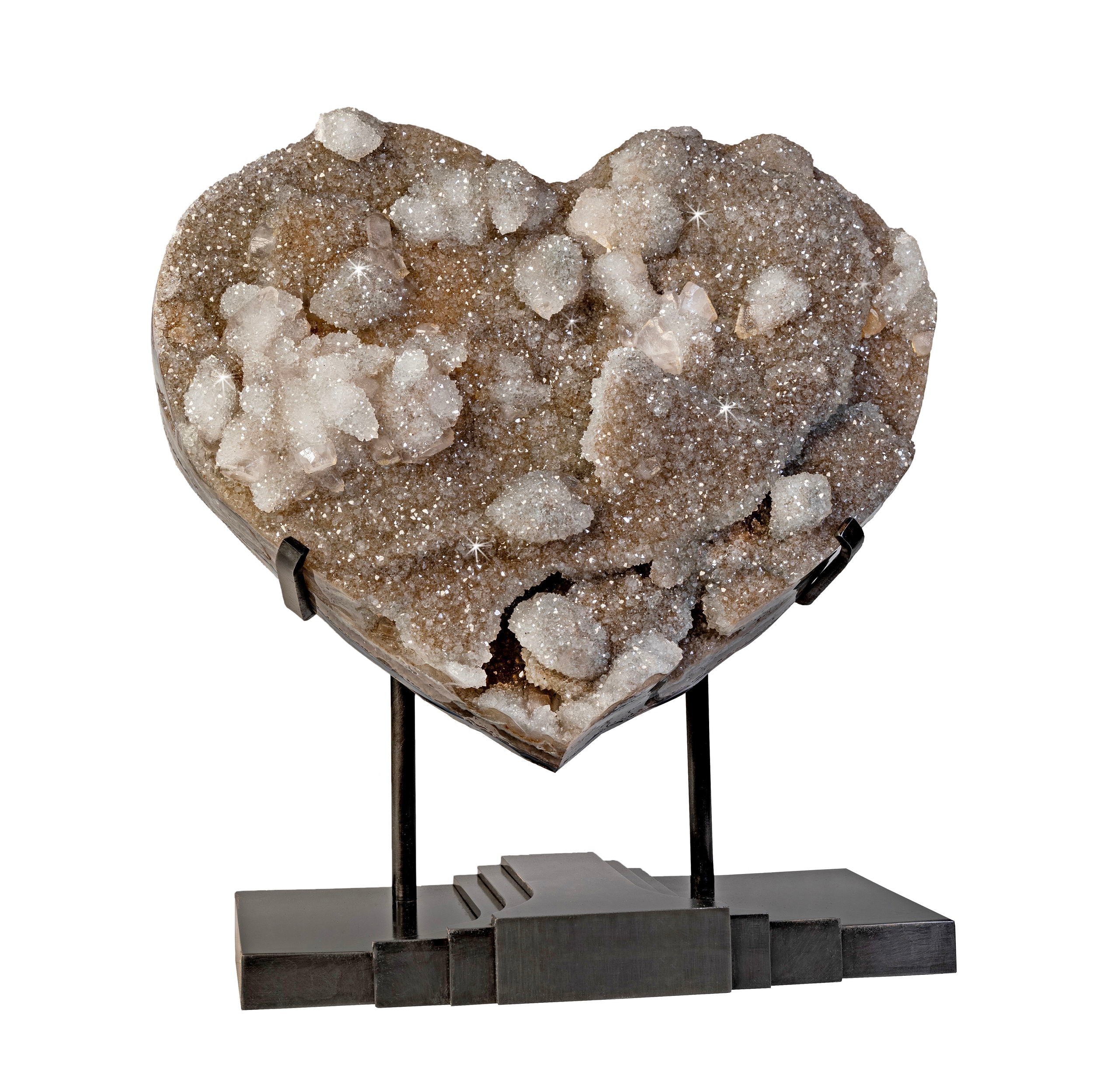 Gray Quartz Druze Heart in Custom Art Deco Stand with Calcite Crystal & Stalactite Inclusion - High Movement