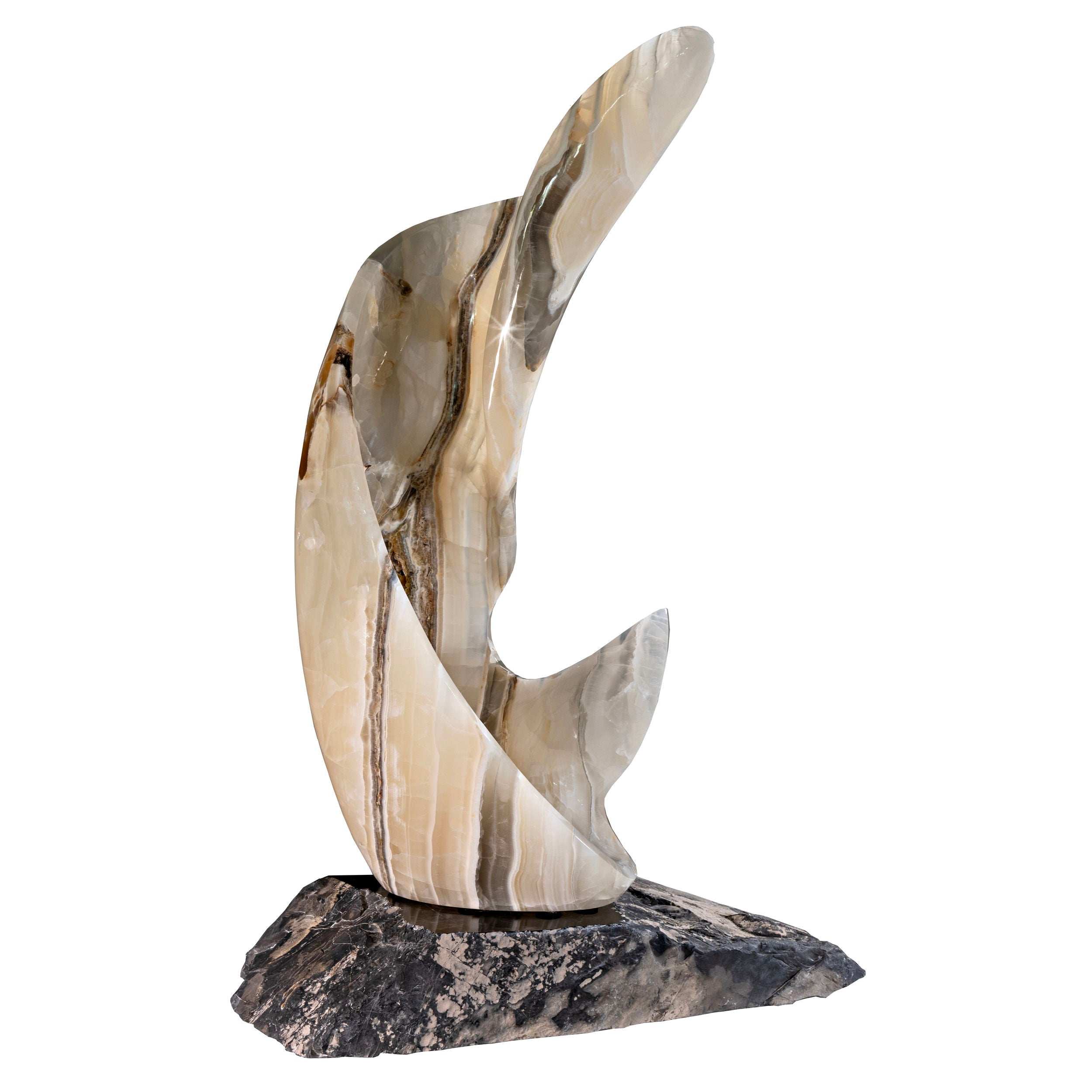 Pearlescent Onyx Sculpture - Freeform with Black Marble Base