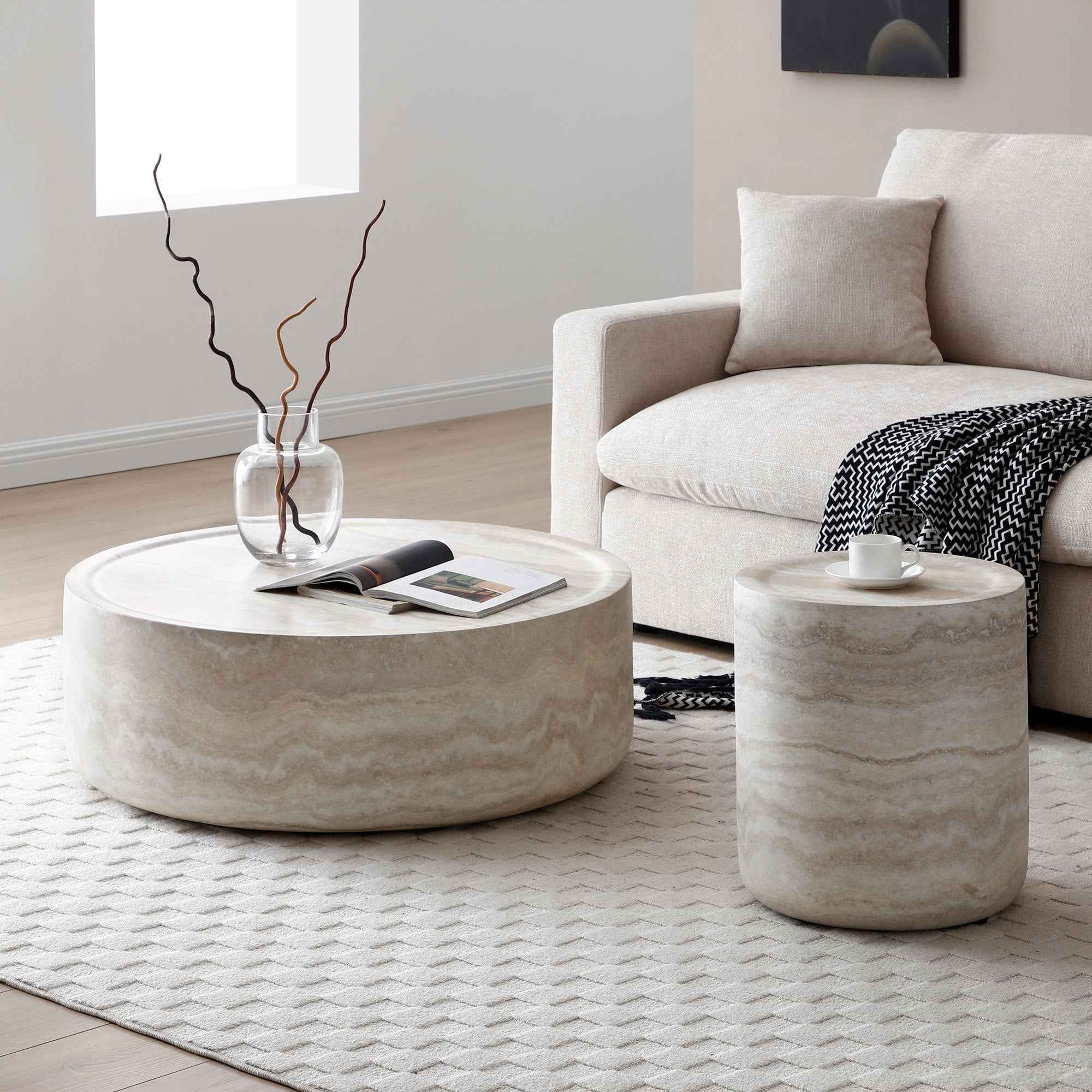 Set of 2 Faux MARS Pattern Coffee Tables side Table Round Tea Faux