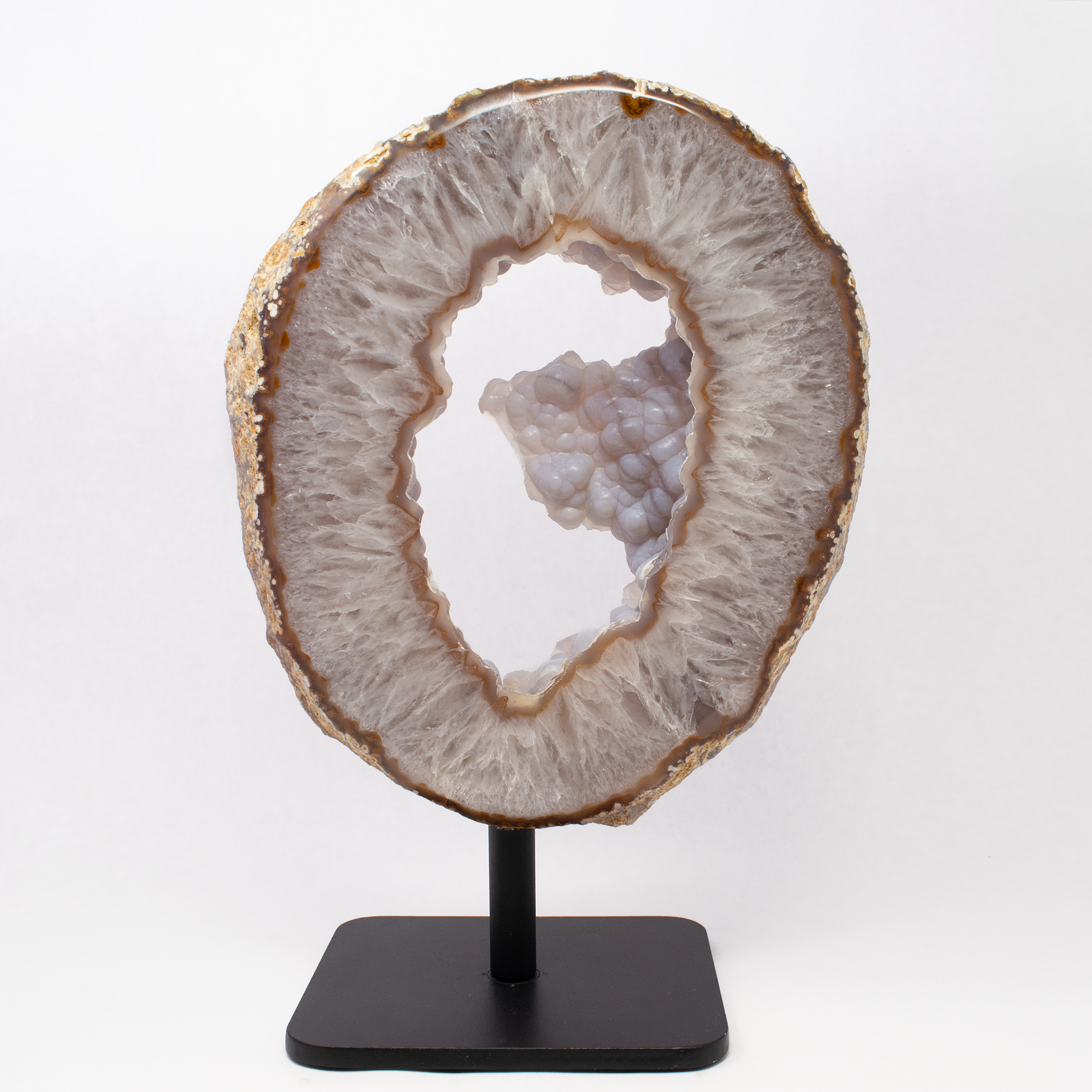 Rose De France with Carnelian Agate Geode Ring on Fitted Rotating Stand with Botryoidal Agate Pie in Center