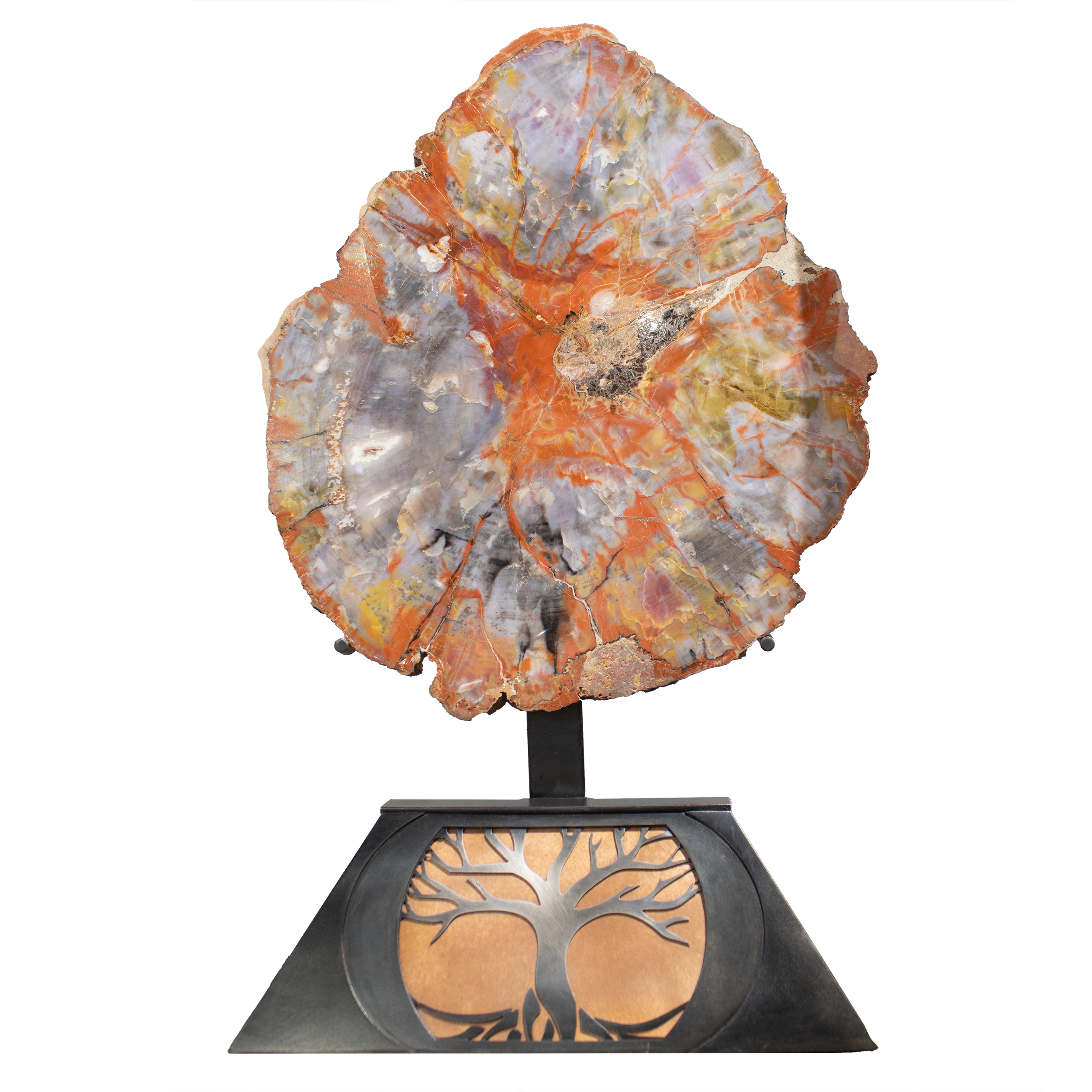 Arizona Petrified Wood Slice with Reds & Grays & Blacks on Custom Stand with Tree of Life Design  - Sacred Geometry (26 inches tall)