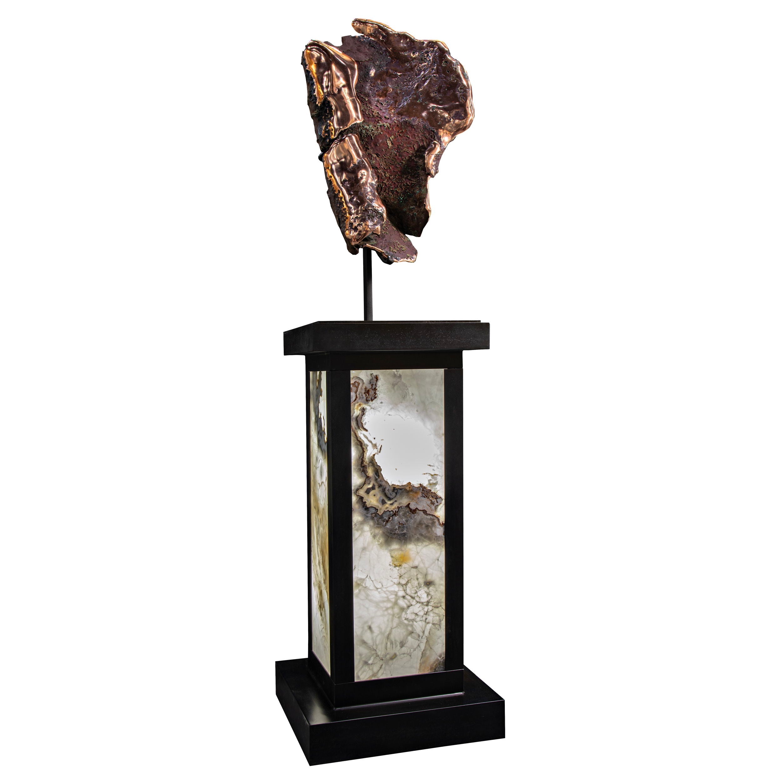 Michigan Copper Float Specimen on Custom Metal Floor Stand with Illuminated Pearlescent Side Walls with Rare Glacial Fold & Red Cuprite Inclusions