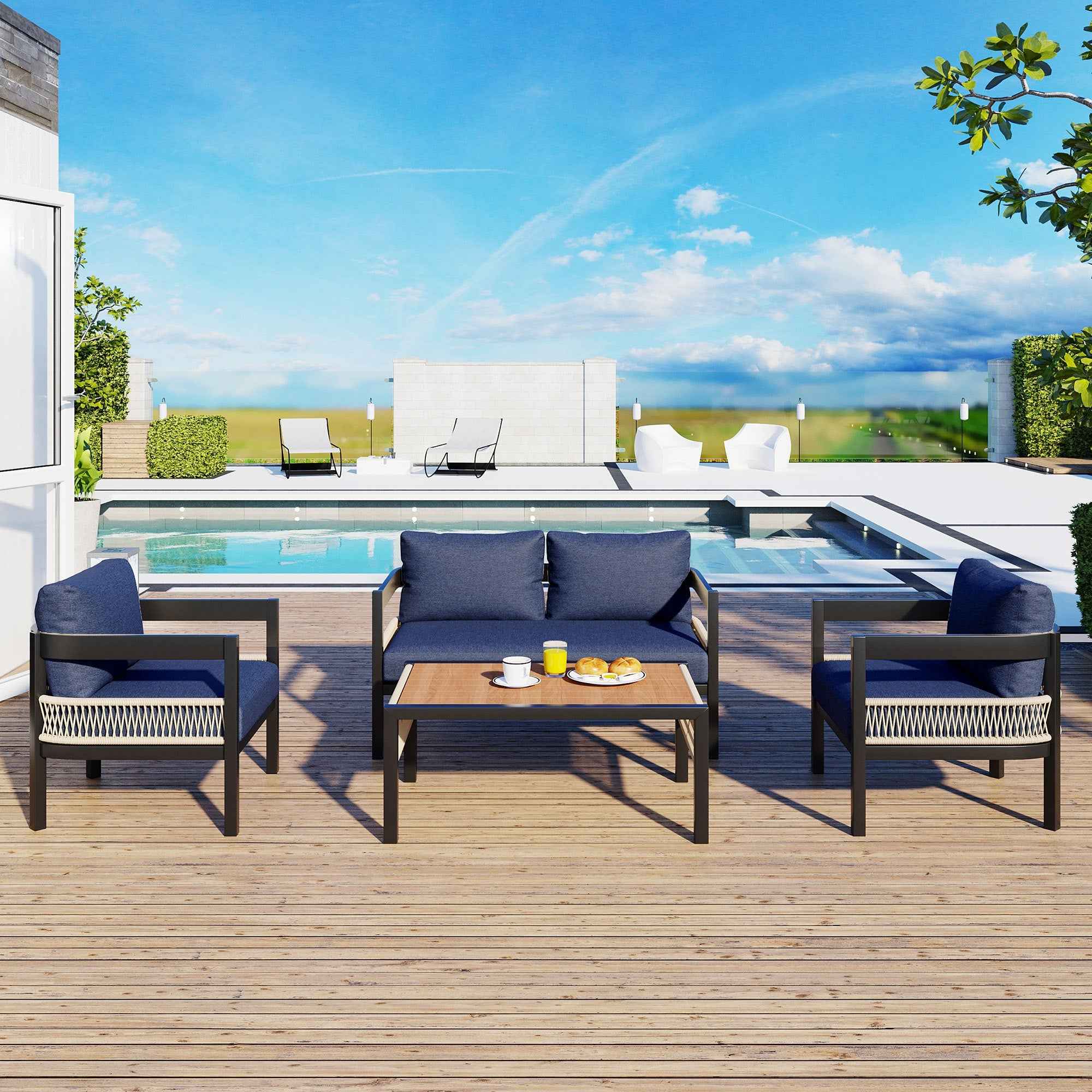 Multi-person Outdoor Iron Sofa Set with A table, Rattan Decoration,