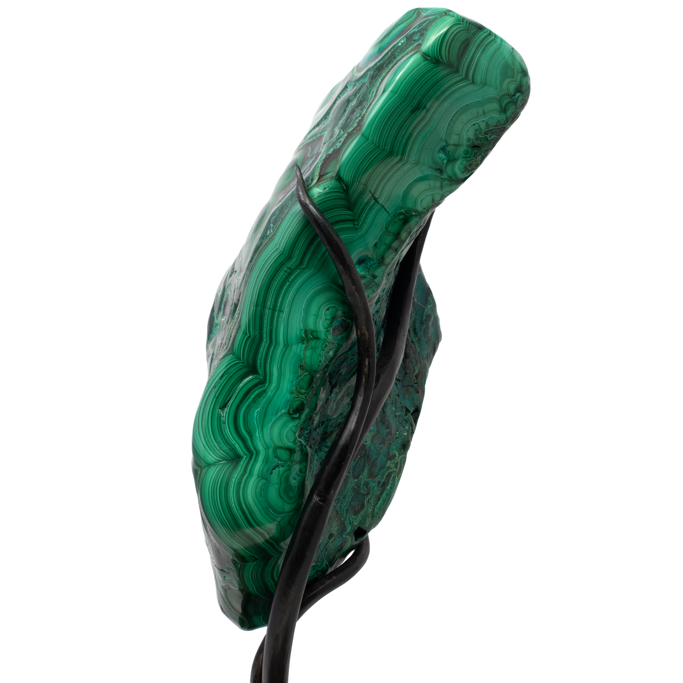 Brilliant Chrysocolla Malachite Freeform on Rotating Custom Stand with Copper Quatrafoil Design