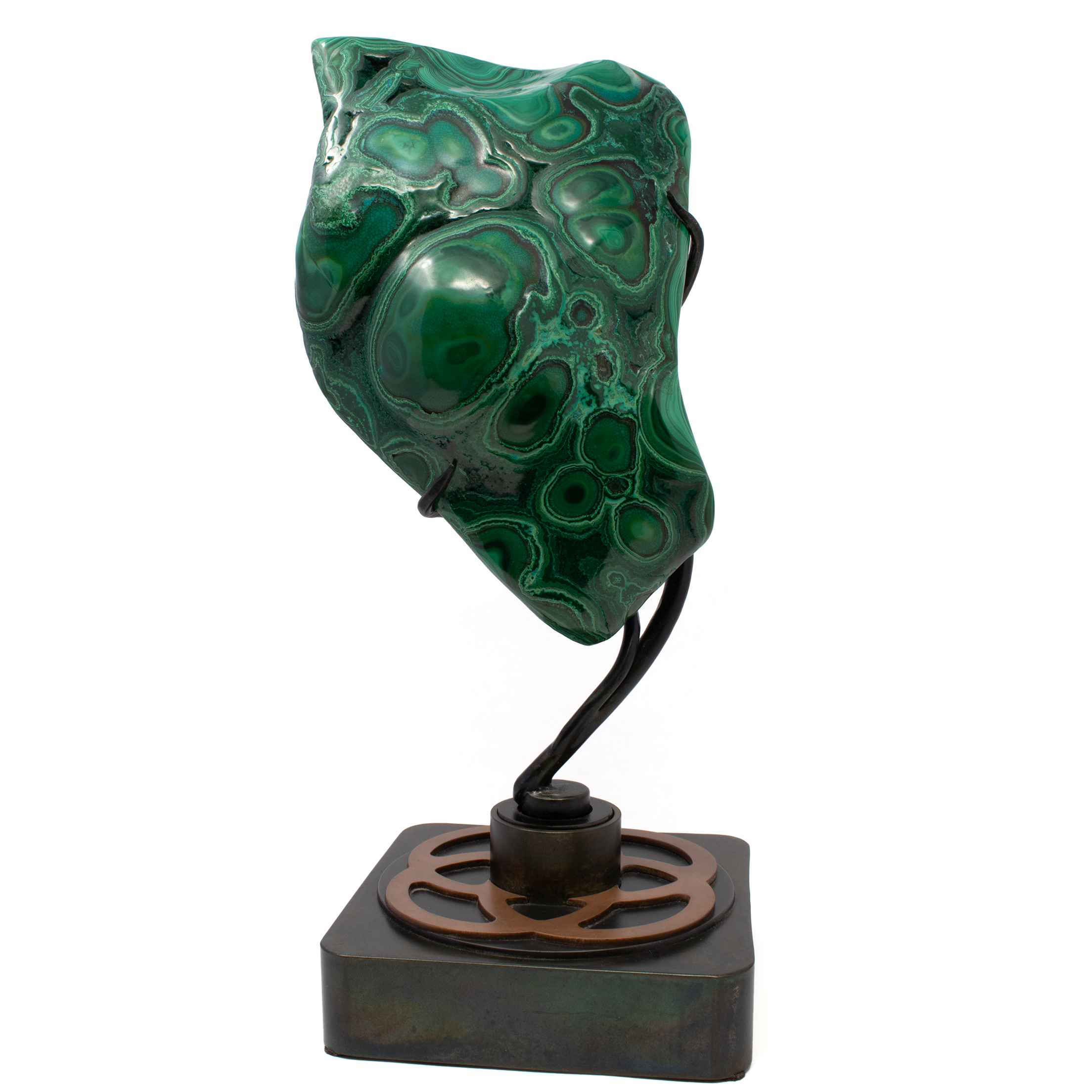 Brilliant Chrysocolla Malachite Freeform on Rotating Custom Stand with Copper Quatrafoil Design