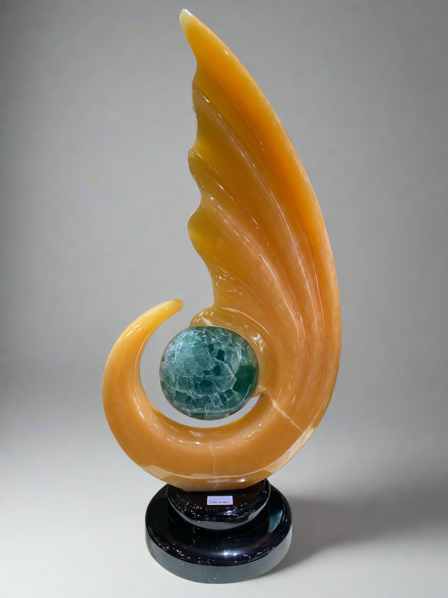 Meil Onyx Abstract Sculpture with Fluorite Center and Black Marble Base