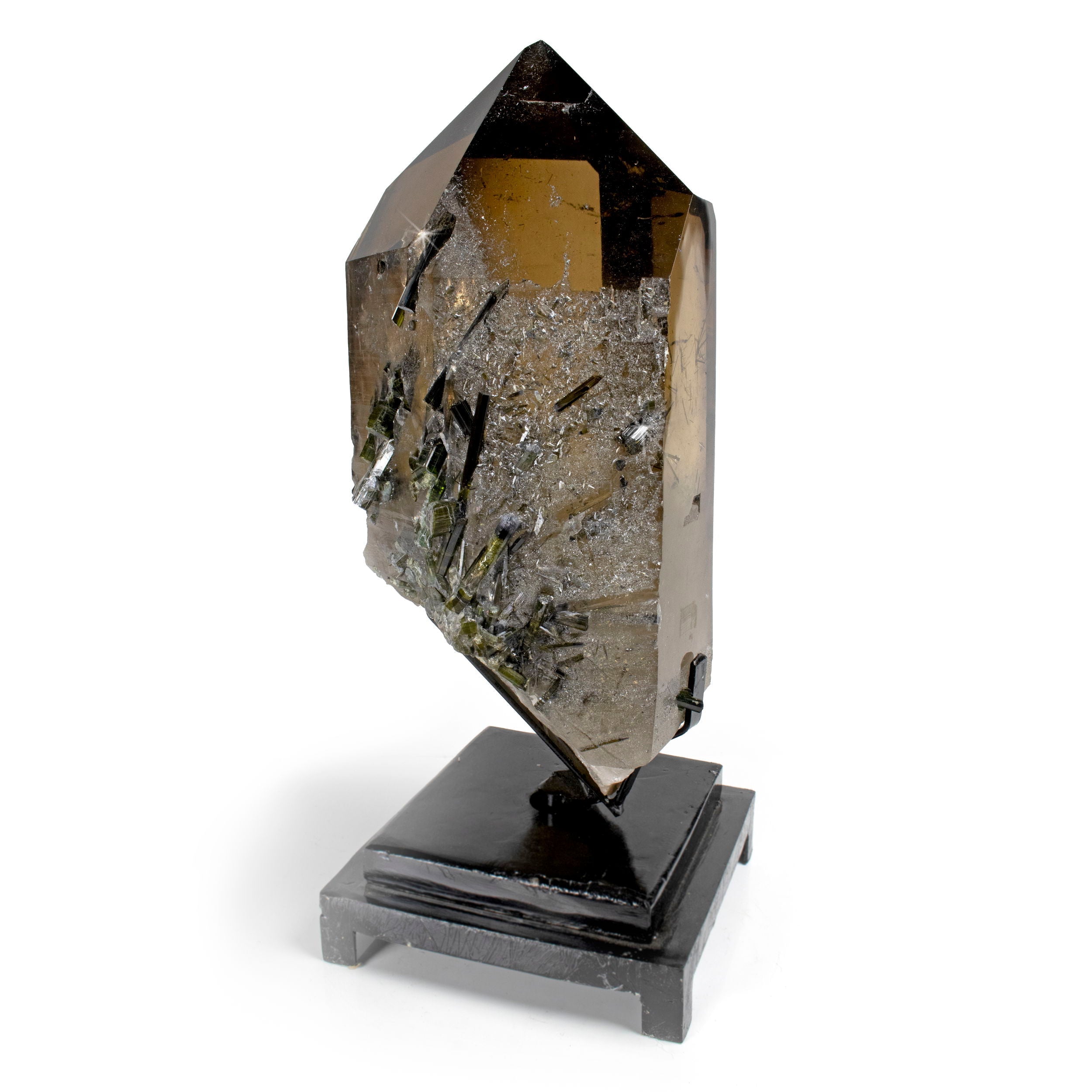 Smoky Quartz with Green Tourmaline Inclusions on One Side - Rotating Fitted Metal Stand from Brazil