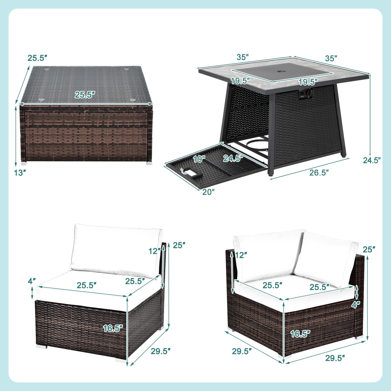 7 Pieces Patio Furniture Set with 35 Inches 50000 BTU Propane Gas Fire Pit Table and Waterproof Cover for Firpit-Turquoise