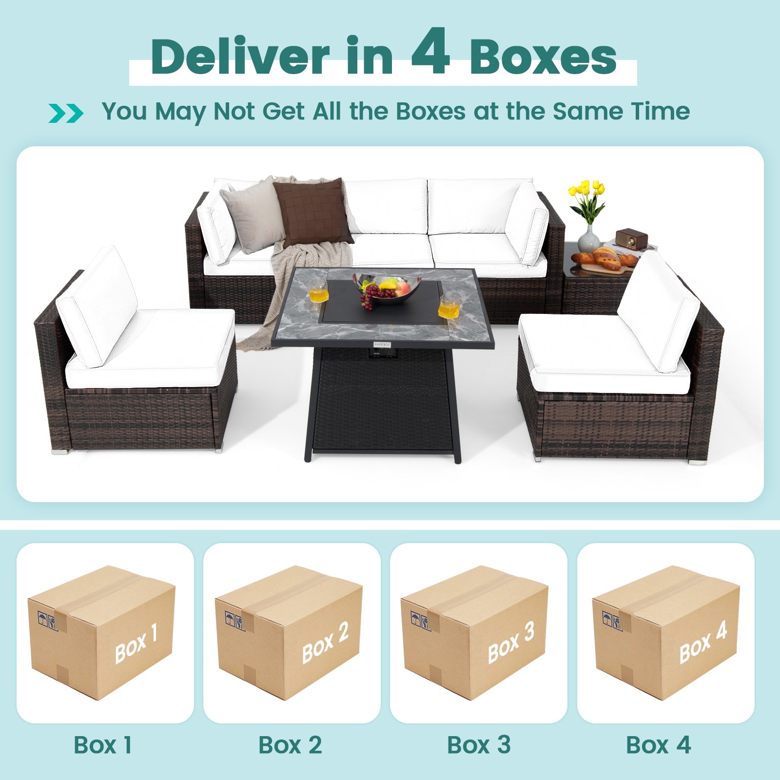 7 Pieces Patio Furniture Set with 35 Inches 50000 BTU Propane Gas Fire Pit Table and Waterproof Cover for Firpit-Beige