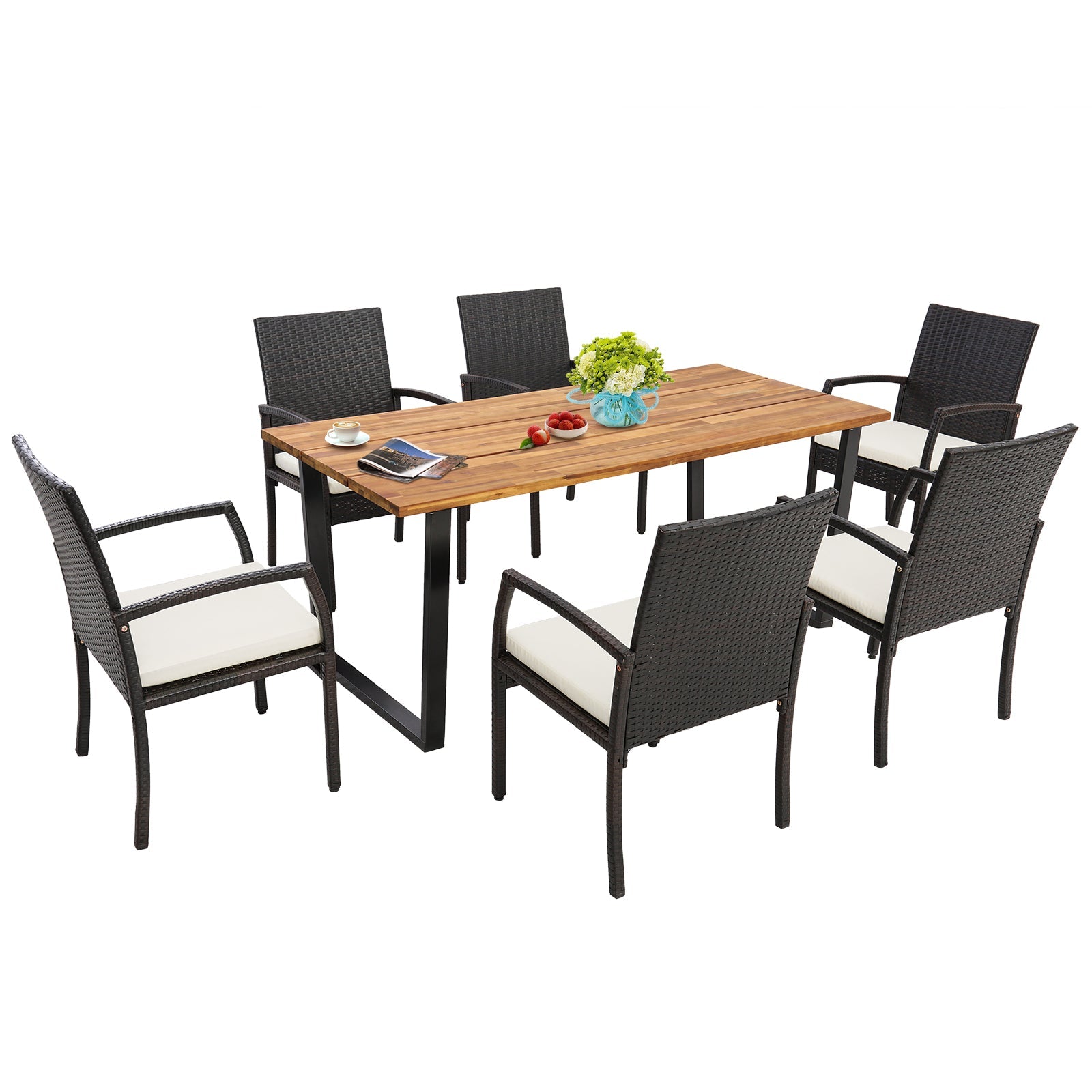 7 Pieces Patio Rattan Dining Set with Umbrella Hole-L-shaped Handrail