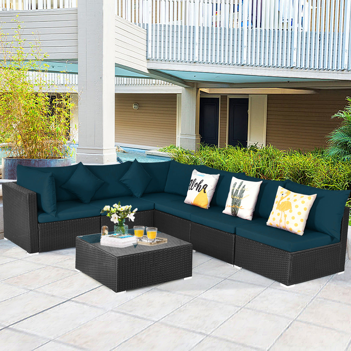 7 Pieces Sectional Wicker Furniture Sofa Set with Tempered Glass Top-Peacock Blue