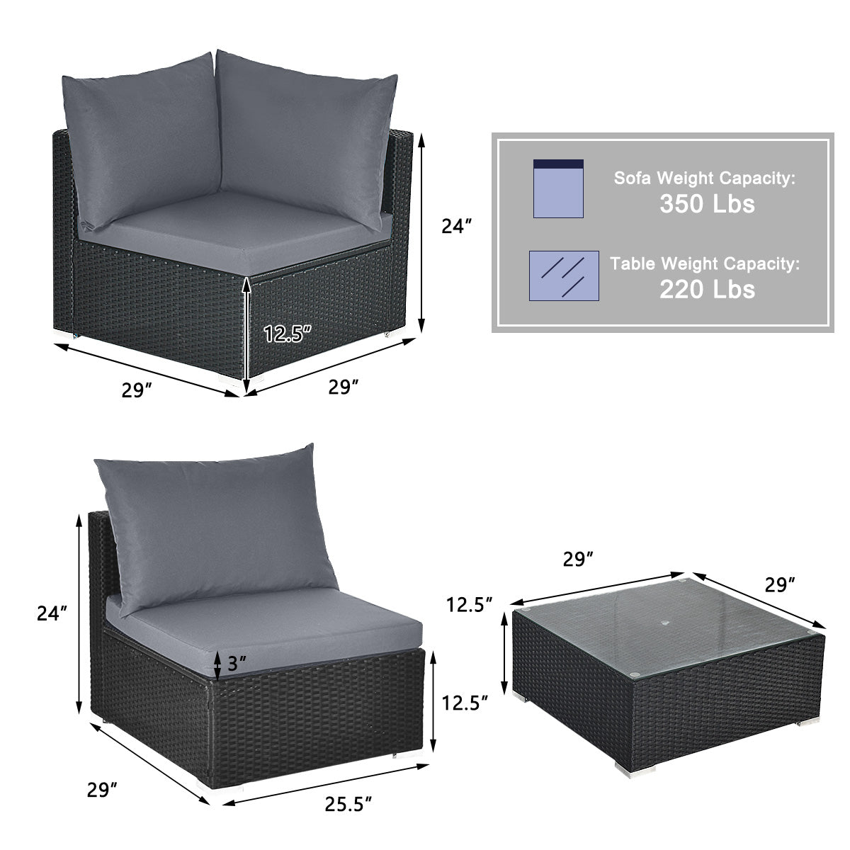 7 Pieces Sectional Wicker Furniture Sofa Set with Tempered Glass Top Coffee Table-Gray