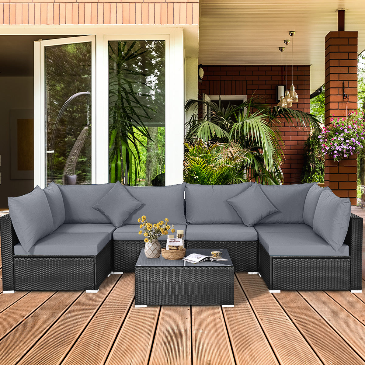 7 Pieces Sectional Wicker Furniture Sofa Set with Tempered Glass Top Coffee Table-Gray