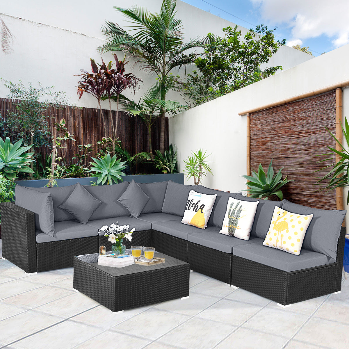 7 Pieces Sectional Wicker Furniture Sofa Set with Tempered Glass Top Coffee Table-Gray