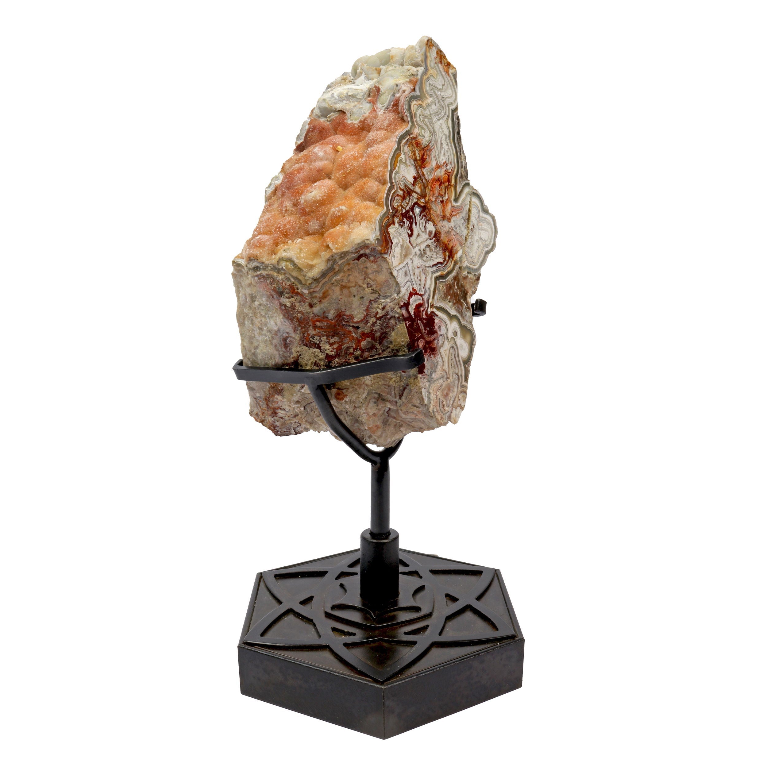 Laguna Lace Agate End Cut on a Rustic Rotating Flower of Life Custom Stand - Sacred Geometry