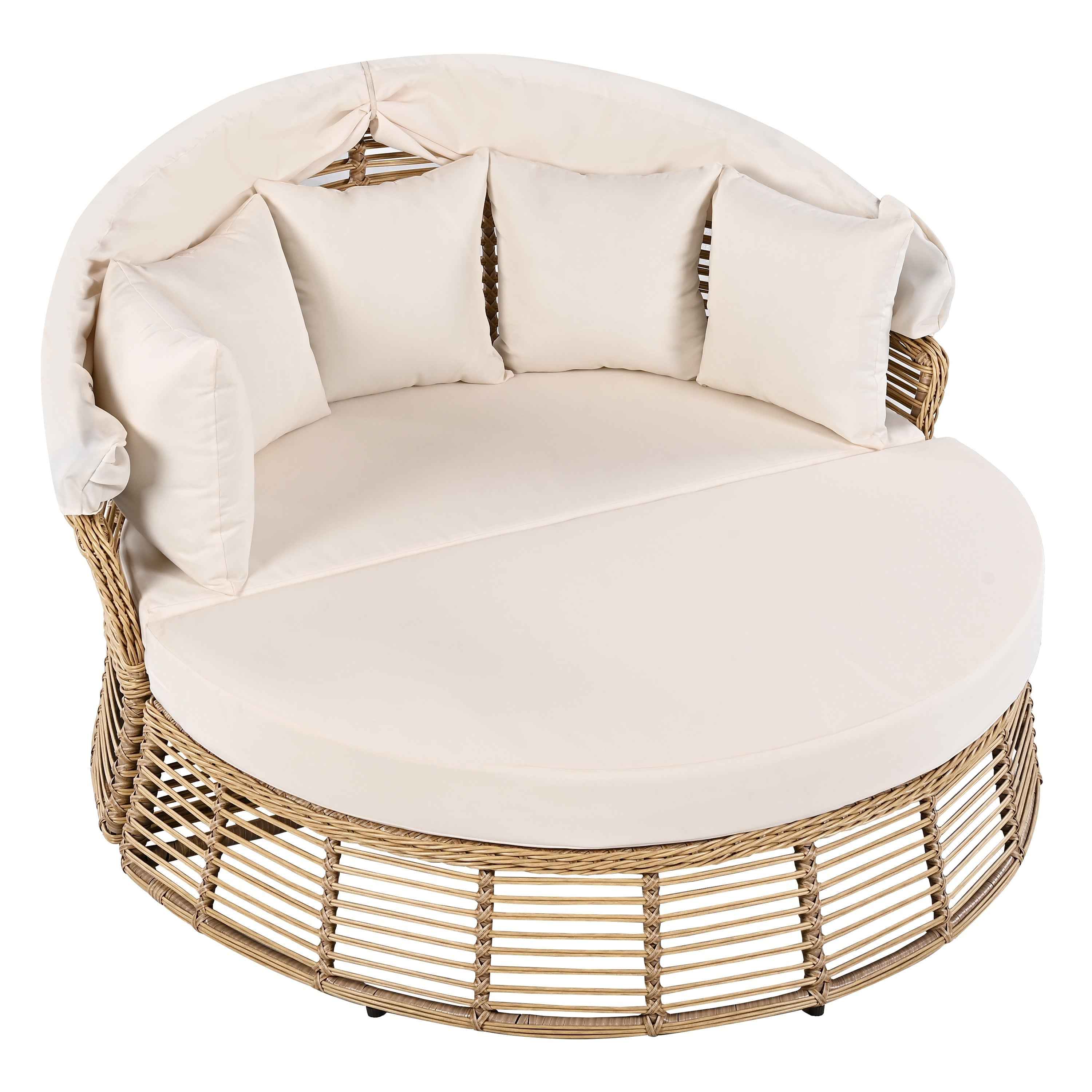 Outdoor Patio Rattan Round Daybed with Retractable Canopy, Wicker