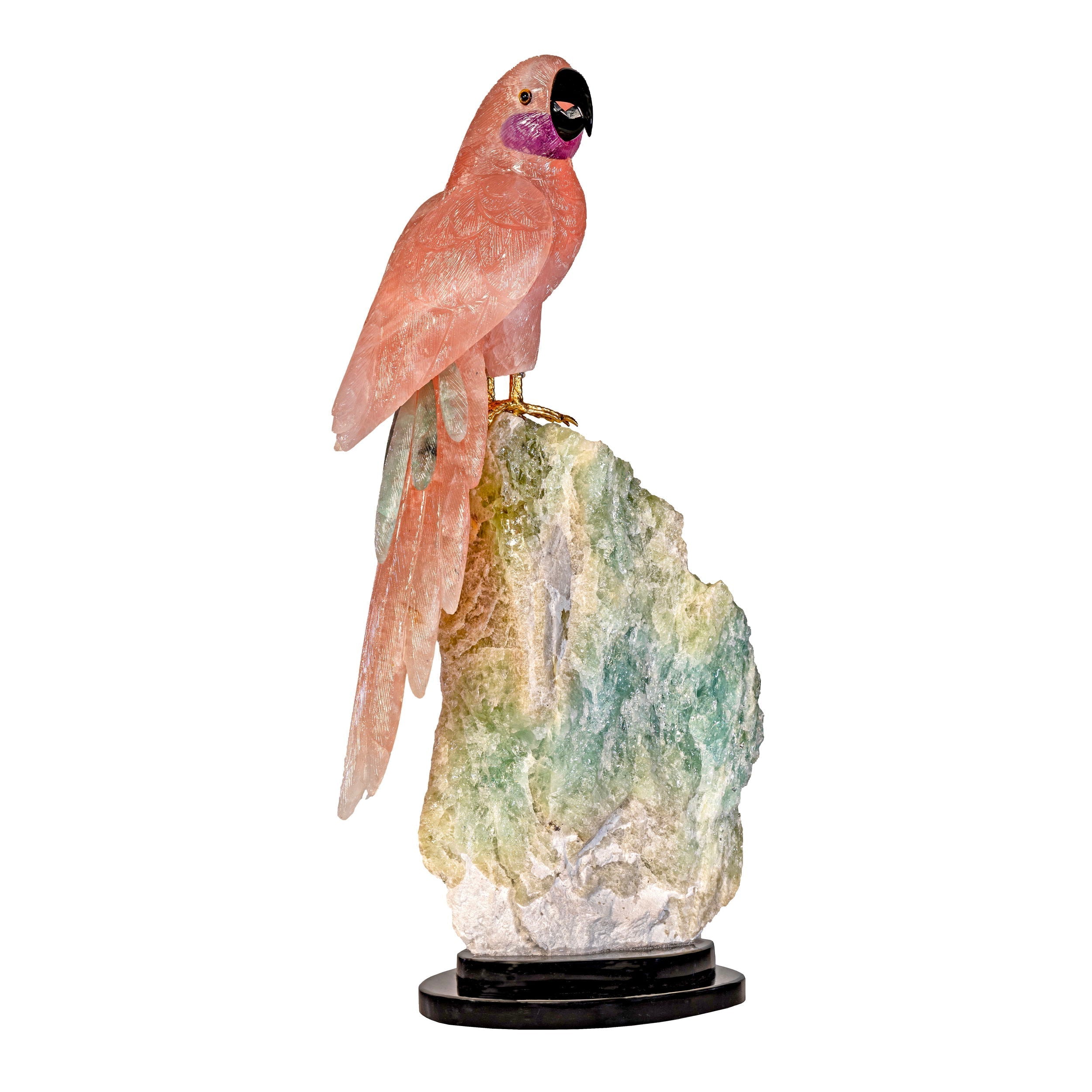 Rose Quartz Macaw with Amethyst Cheeks on Blue & Green Aquamarine Specimen with Black Base