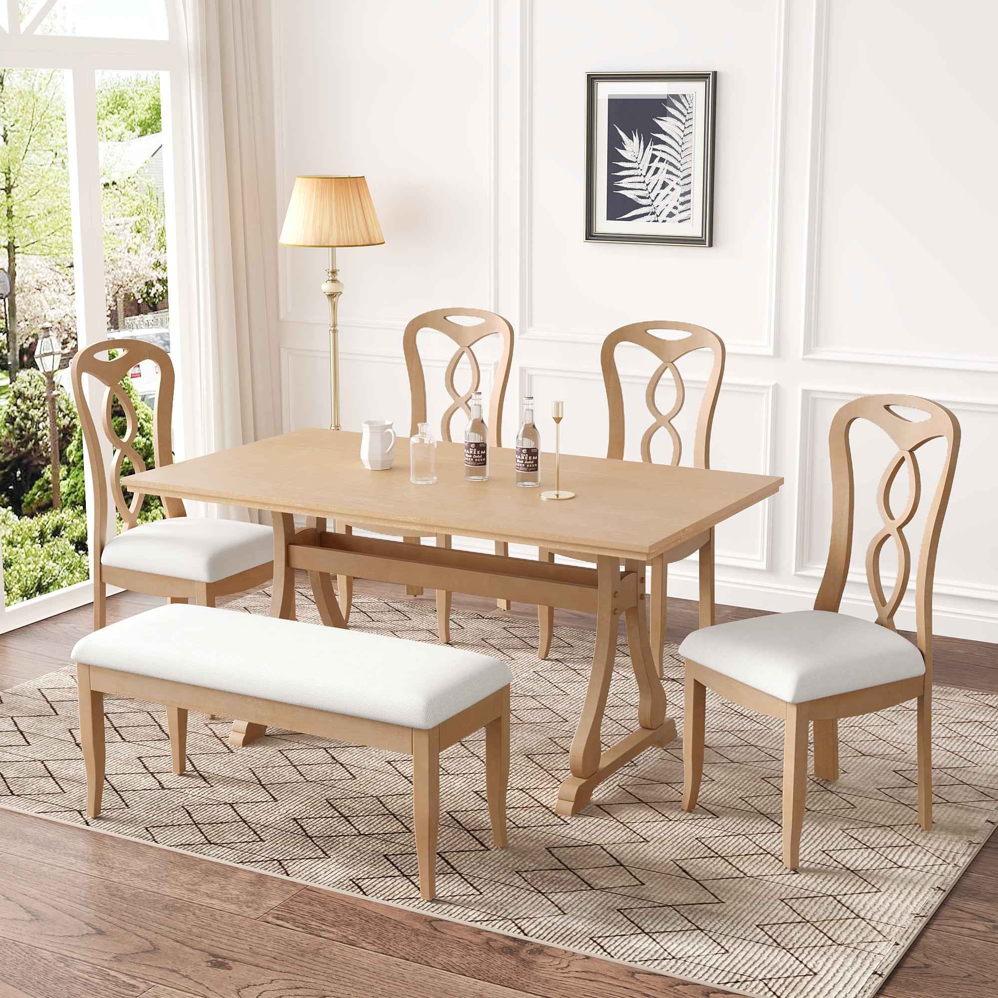 Retro 6-Piece Trestle Dining Table Set with Upholstered Dining Chairs