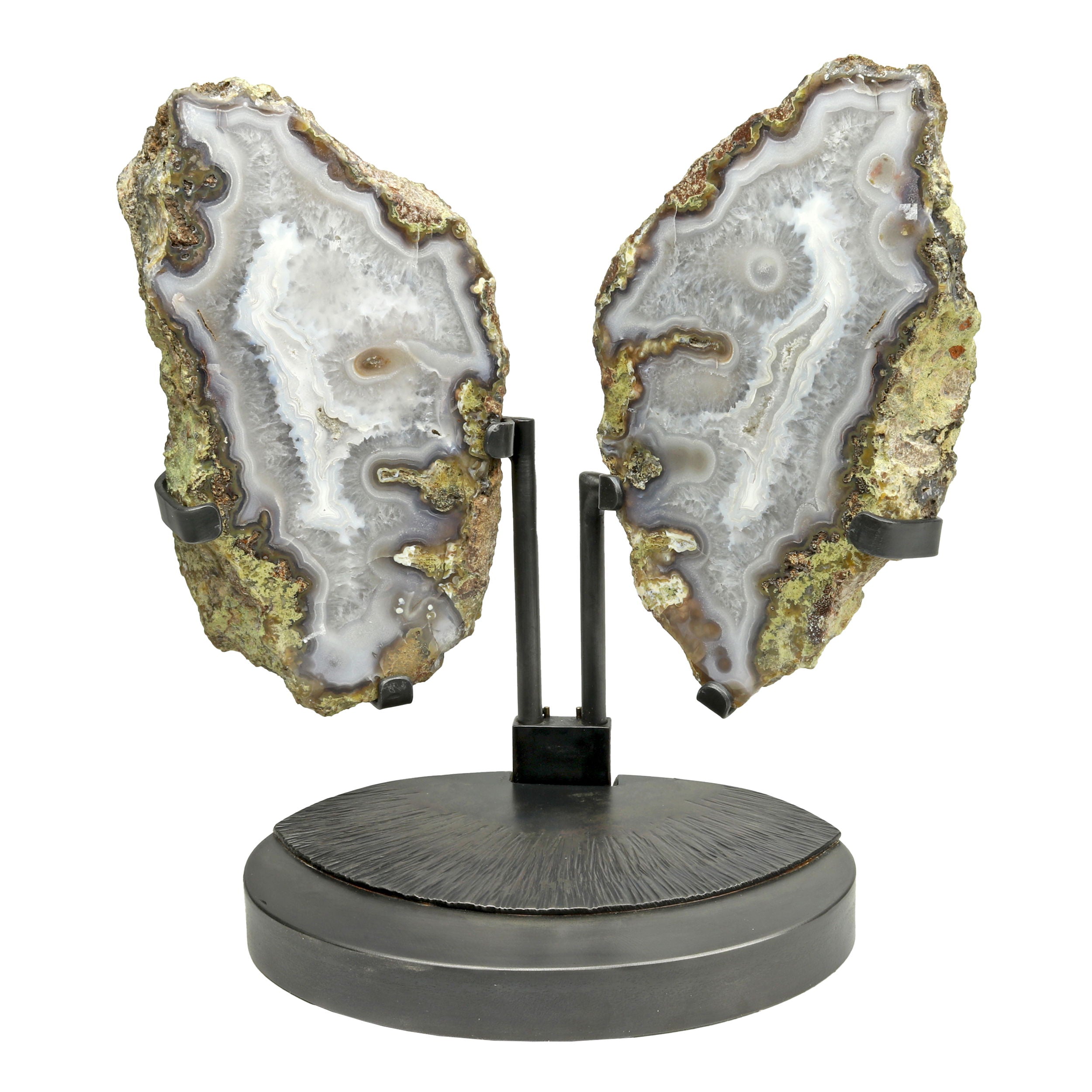 Agua Nuvea Agate Geode Pair on Custom Swivel Stand with Brush Detail