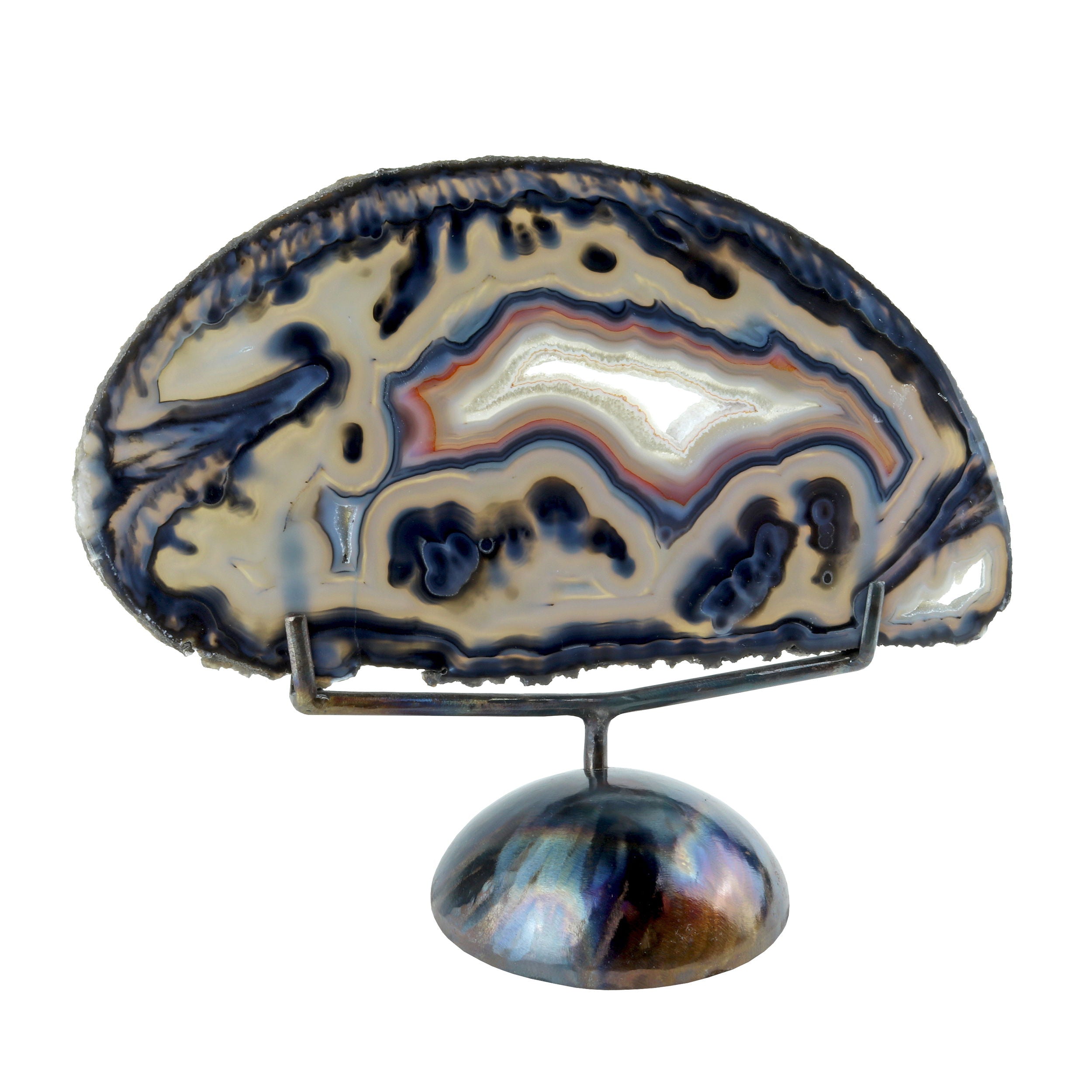 Agate Slice in Custom Stand - Blue Banded with Druze Center Pocket