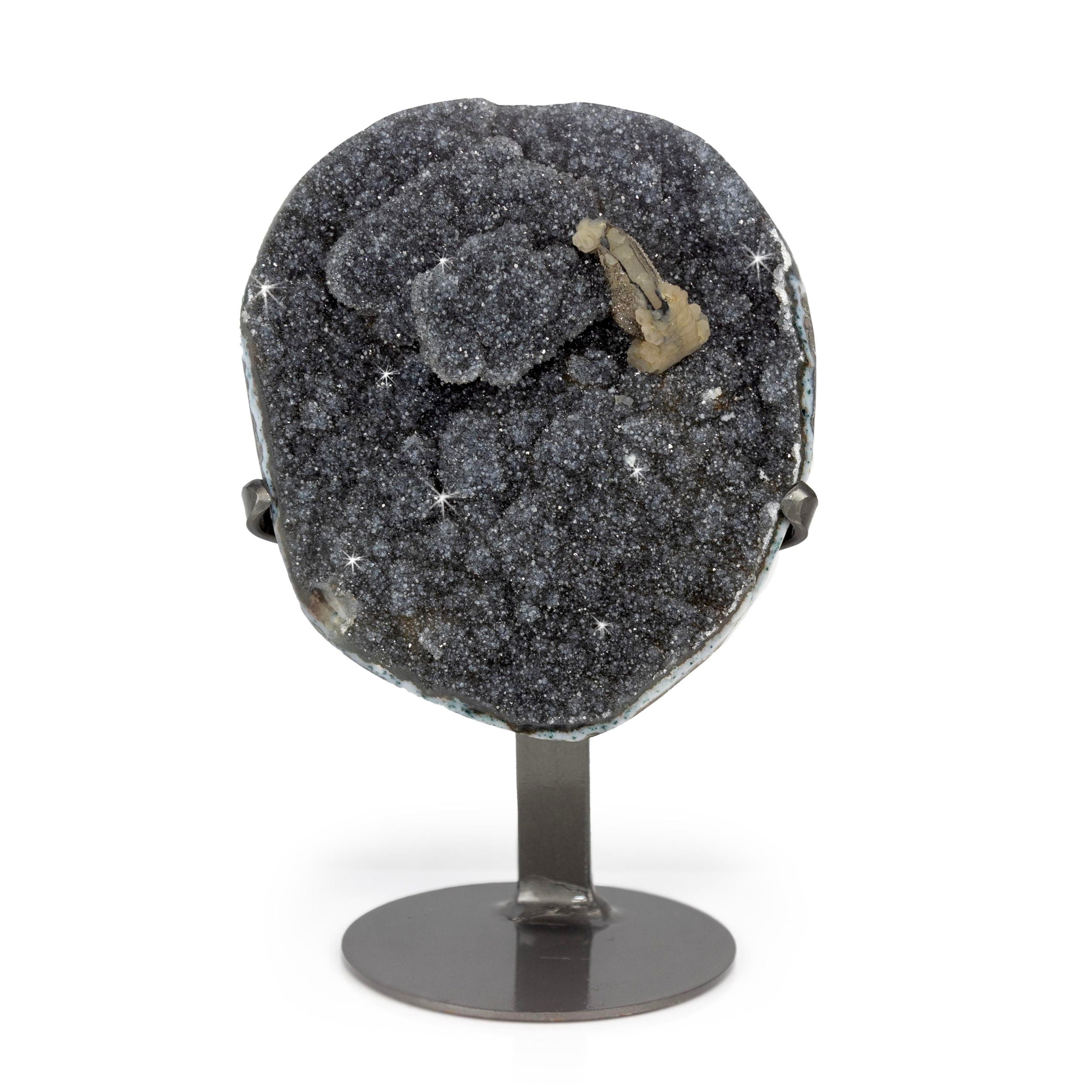 Basalt Druze Plaque on a Fitted Stand with Calcite Druze Cluster and Druze Bulge
