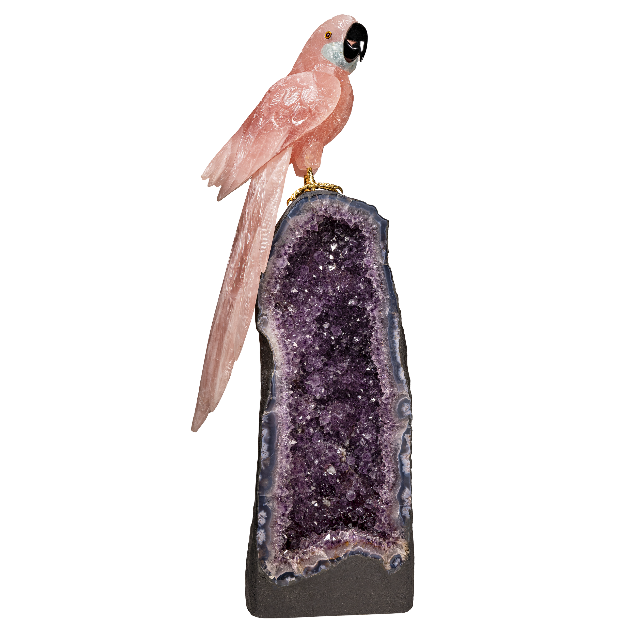 Rose Quartz Macaw with Aquamarine Cheeks on Amethyst Cathedral with Calcite Inclusion