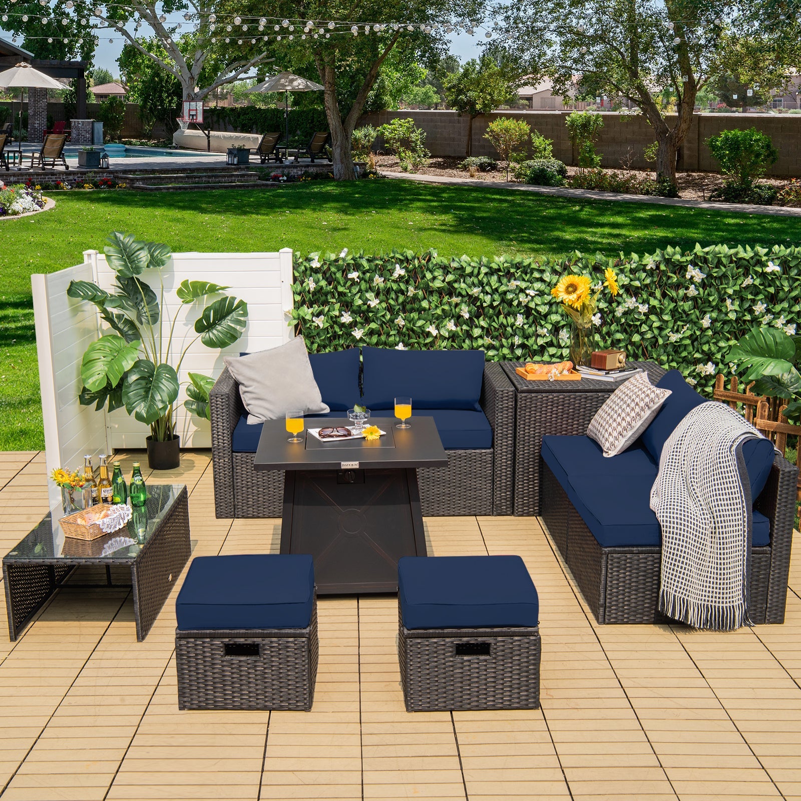 9 Piece Weatherproof Rattan Patio Conversation Set with 30 Inches Propane Fire Pit Table and Dust Covers-Navy