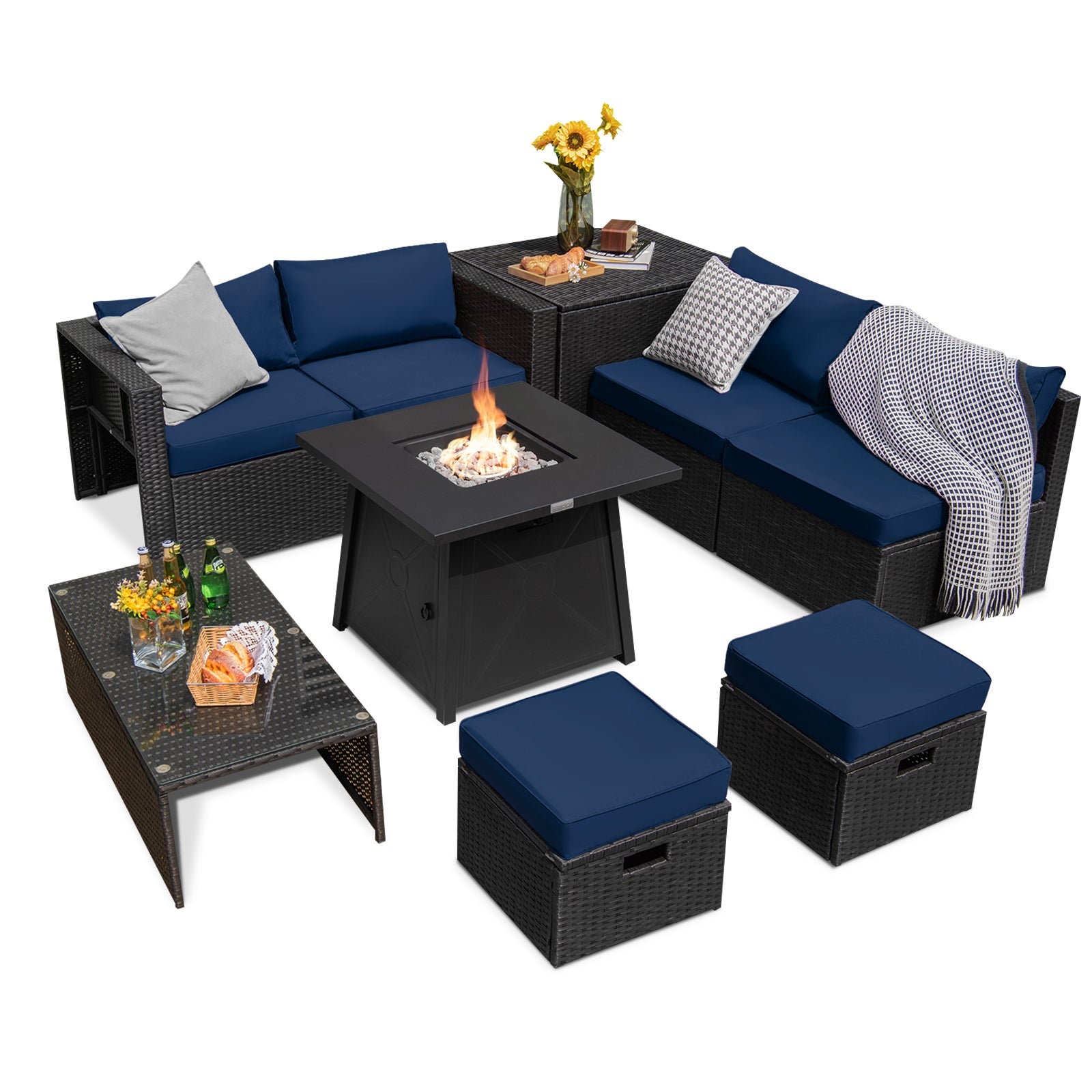 9 Piece Weatherproof Rattan Patio Conversation Set with 30 Inches Propane Fire Pit Table and Dust Covers-Navy