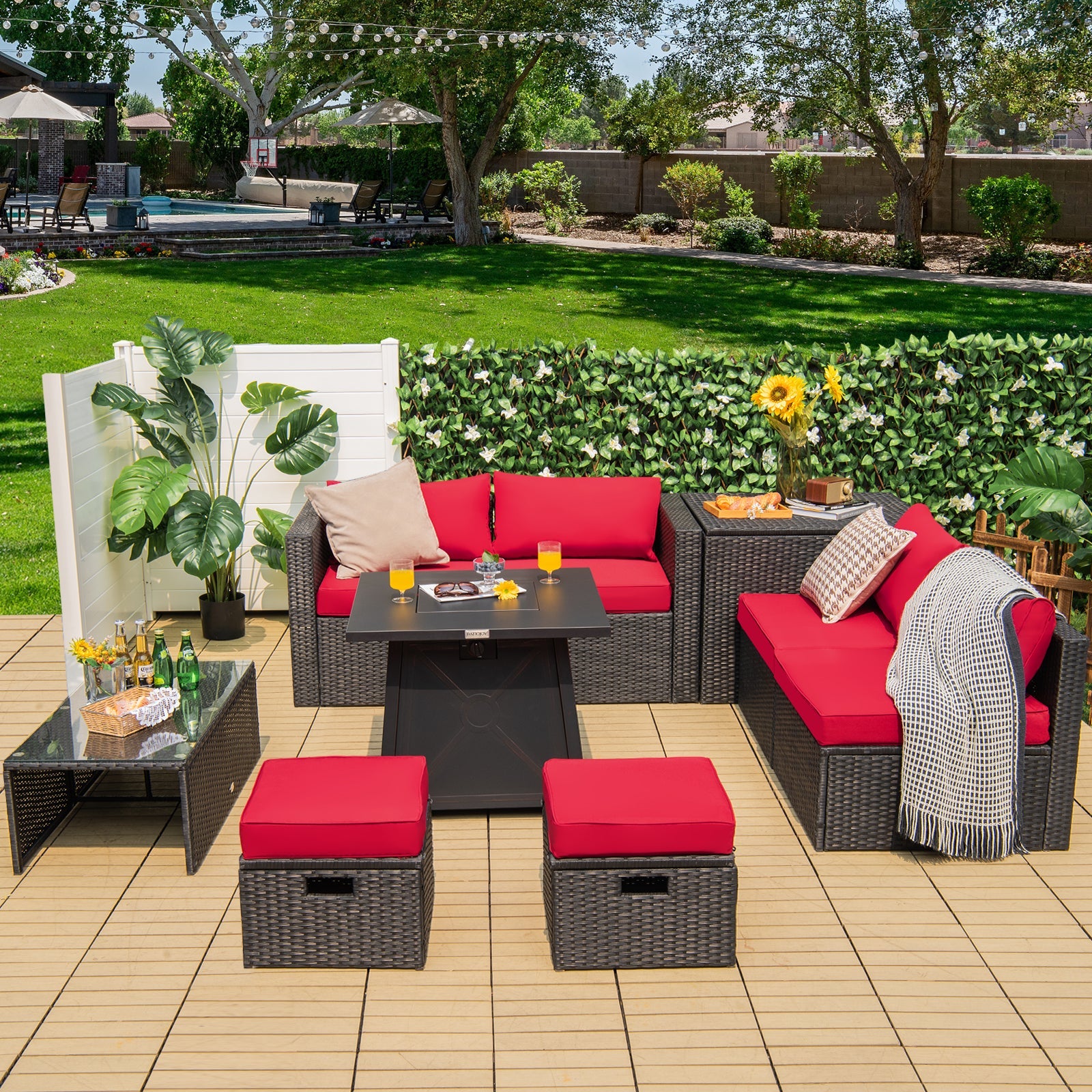 9 Piece Weatherproof Rattan Patio Conversation Set with 30 Inches Propane Fire Pit Table and Dust Covers-Red