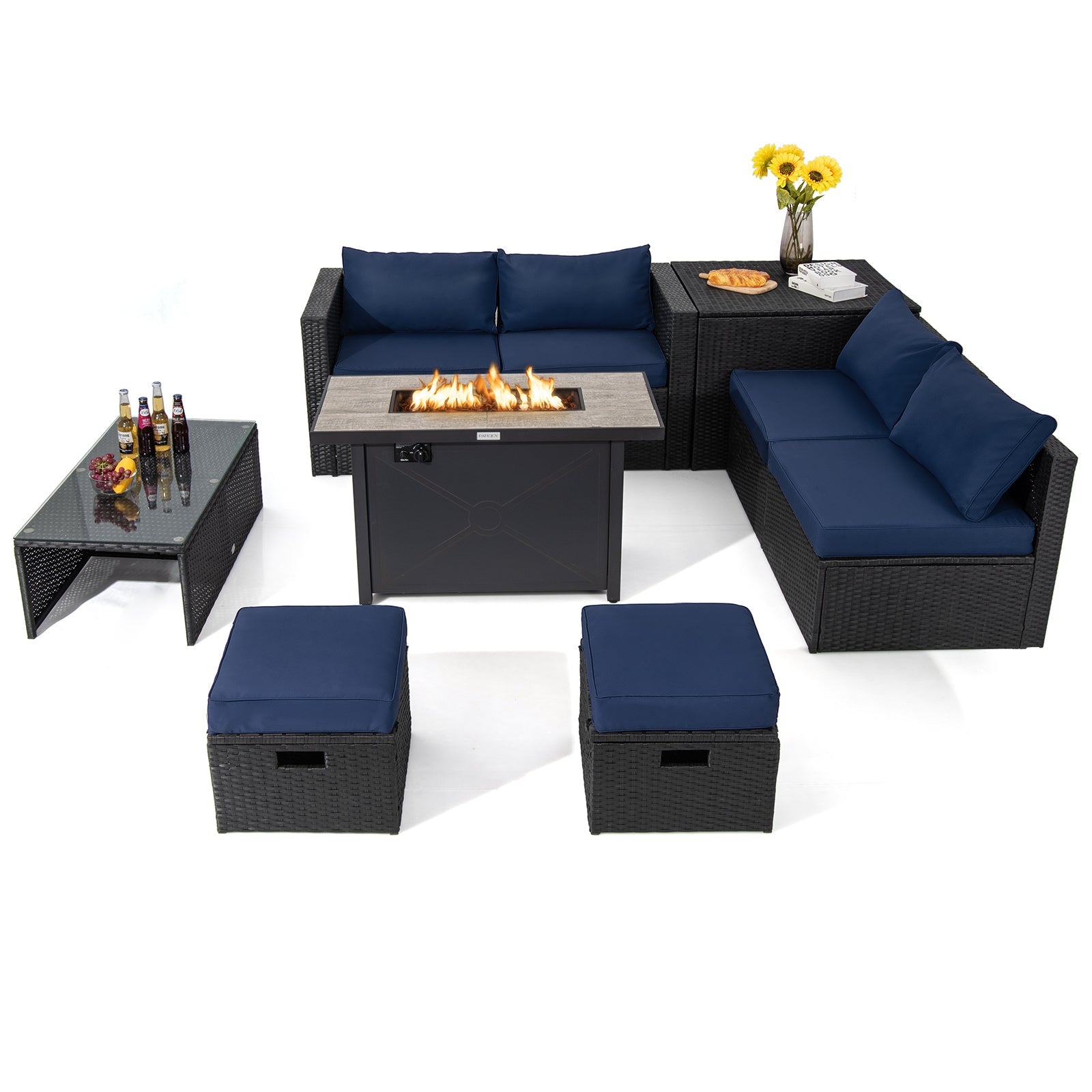9 Pieces Outdoor PE Rattan Wicker Sectional Sofa with 42 Inch 60 000 BTU Gas Fire Pit Table-Navy