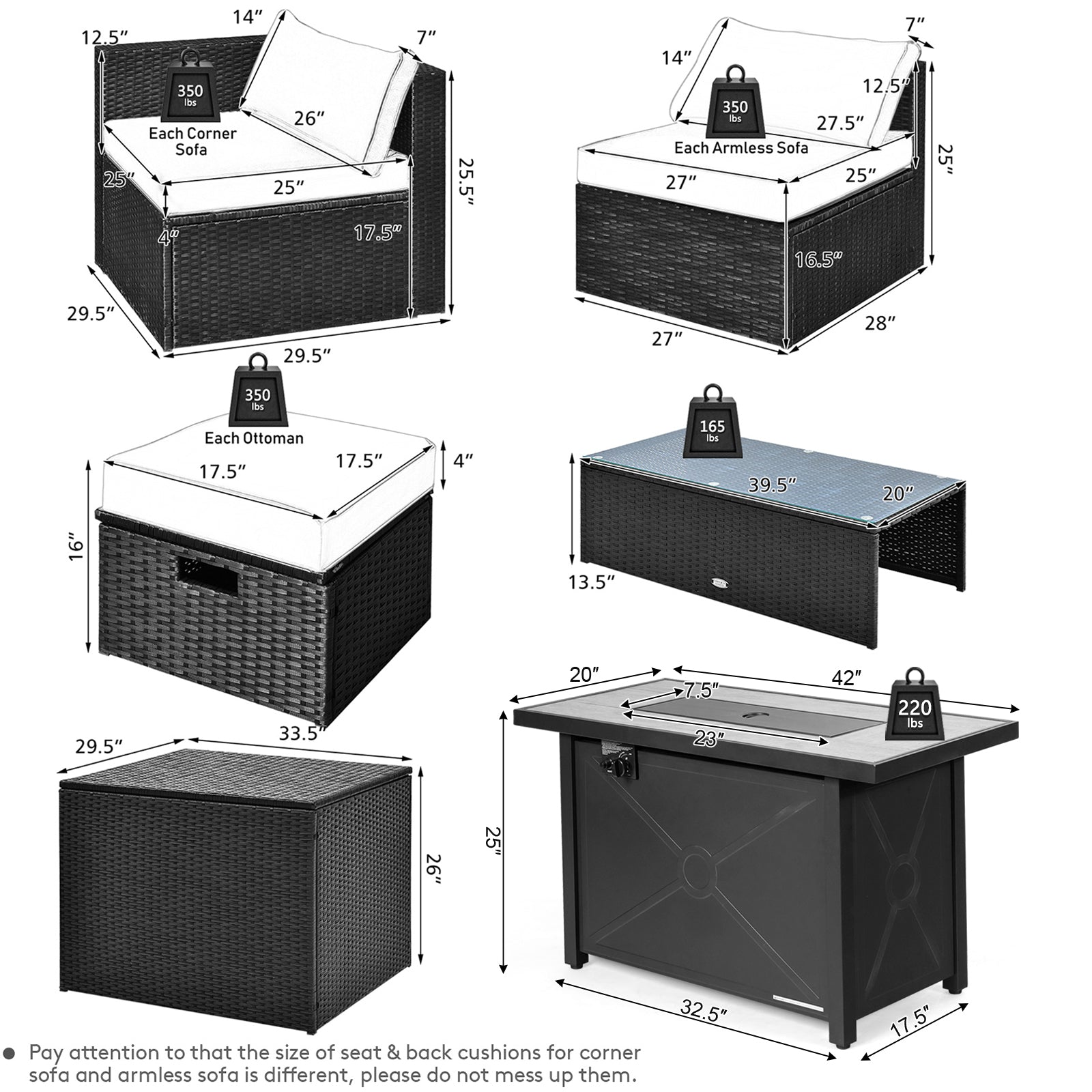 9 Pieces Outdoor PE Rattan Wicker Sectional Sofa with 42 Inch 60 000 BTU Gas Fire Pit Table-Navy