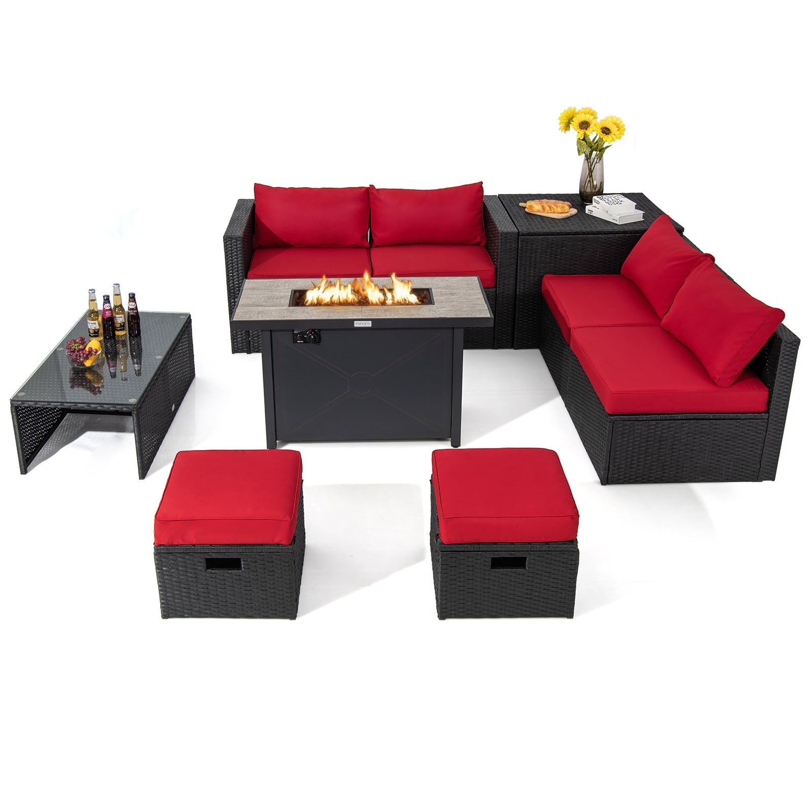 9 Pieces Outdoor PE Rattan Wicker Sectional Sofa with 42 Inch 60 000 BTU Gas Fire Pit Table-Red