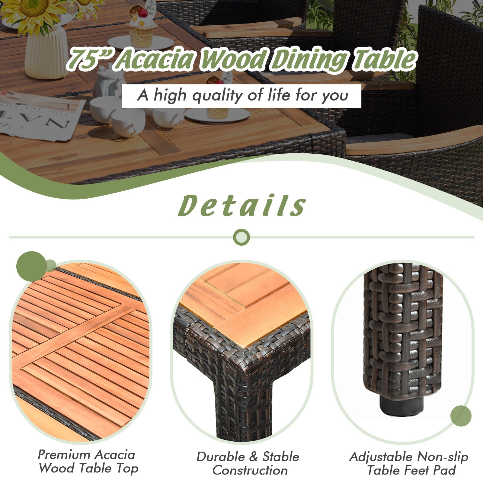 9 Pieces Rattan Dining Set with Acacia Wood Table and Stackable Cushioned Chairs