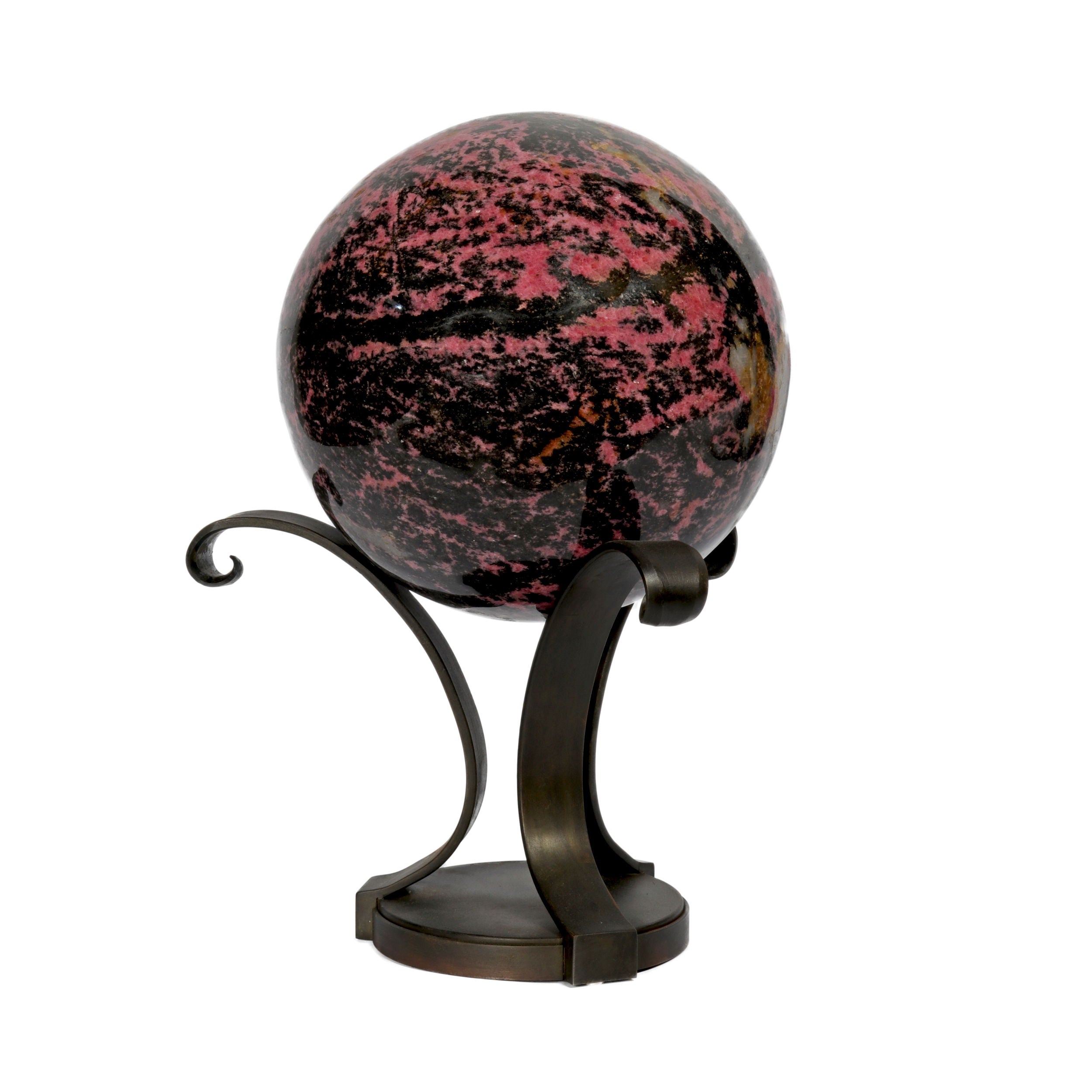 Rhodonite Sphere on Custom Metal Stand - 3 Spiral Bouquet Style