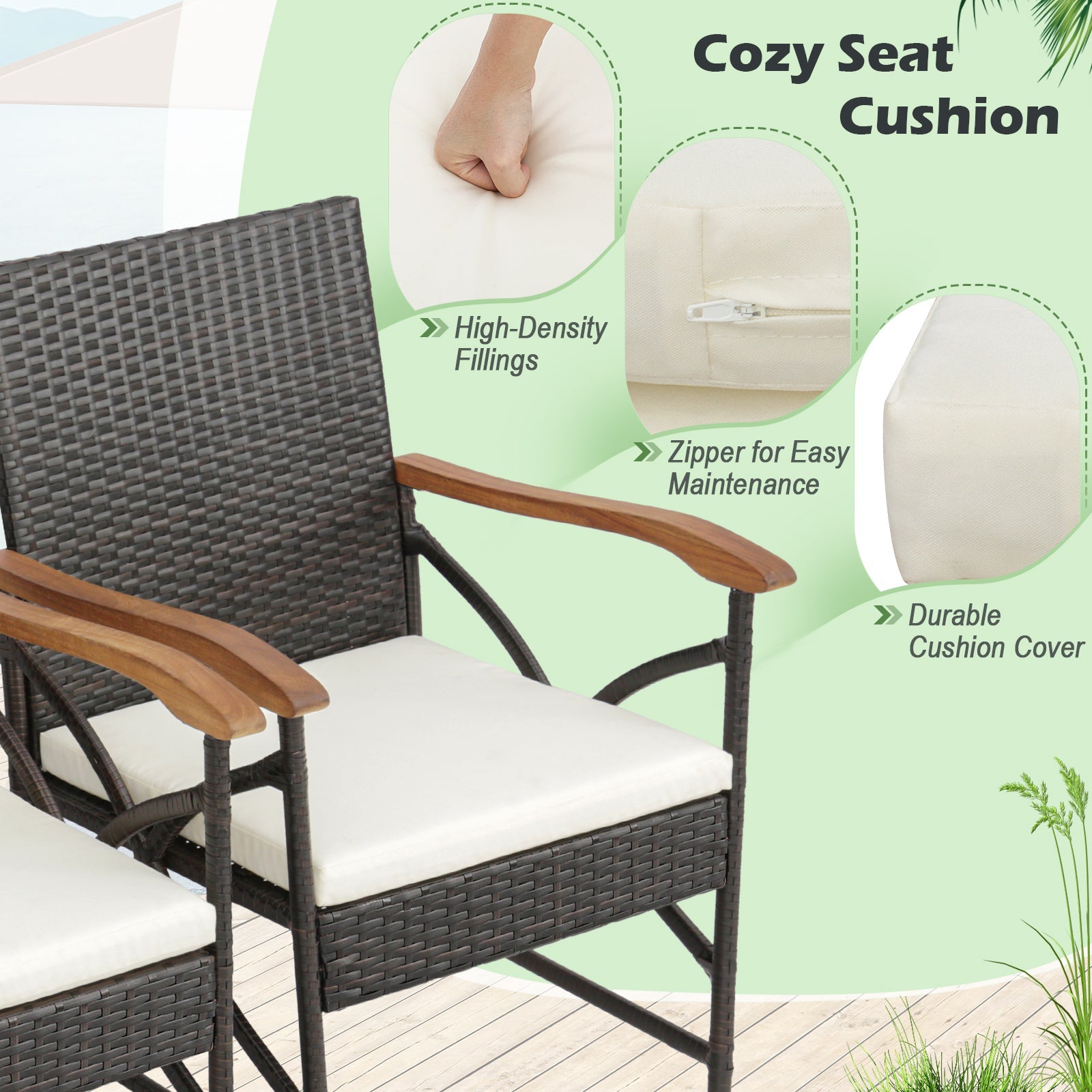 Acacia Wood Table and 6 Wicker Chairs with Umbrella Hole-X-side Handrail