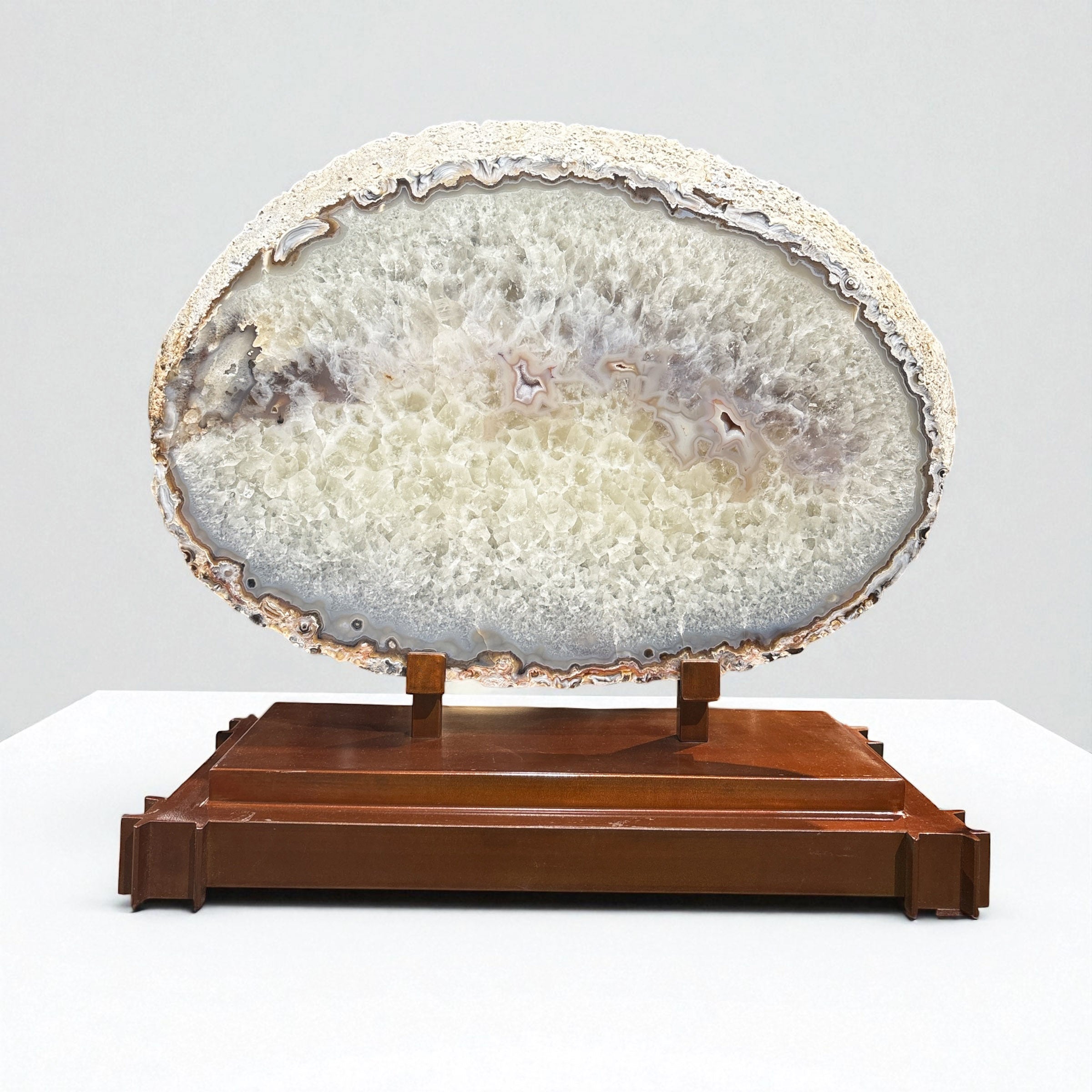 Agate Slice with Pink Tone Druze Vugs on Custom Stand -2 Step Copper Patina