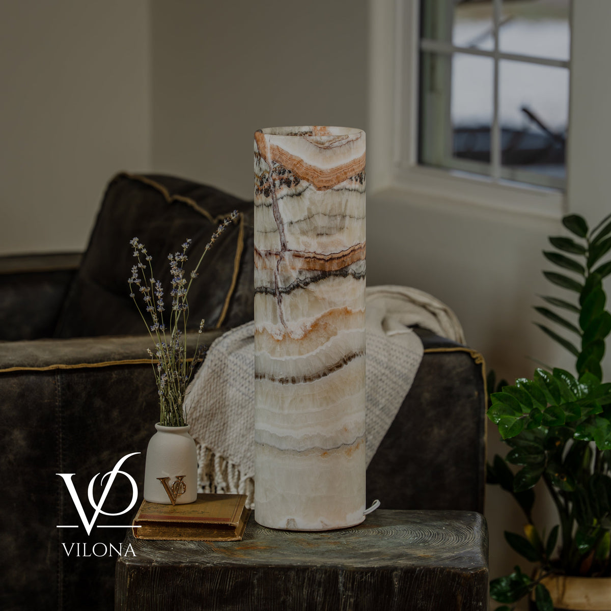 Light Tangerine Onyx Cylinder Table Lamp #3 — 19.75″