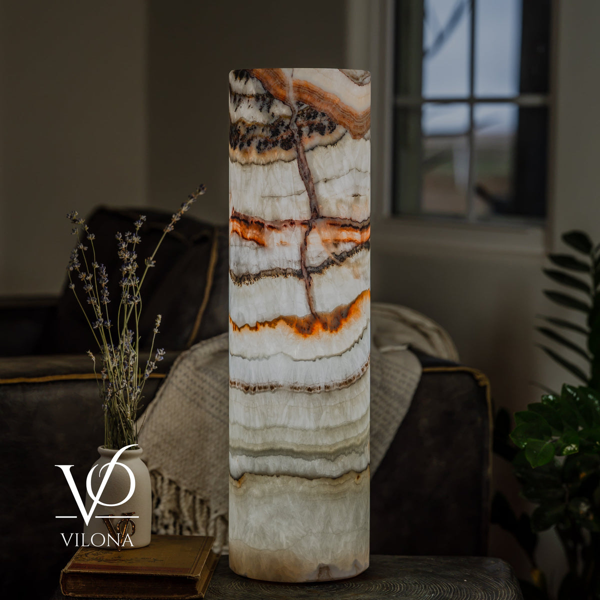 Light Tangerine Onyx Cylinder Table Lamp #3 — 19.75″