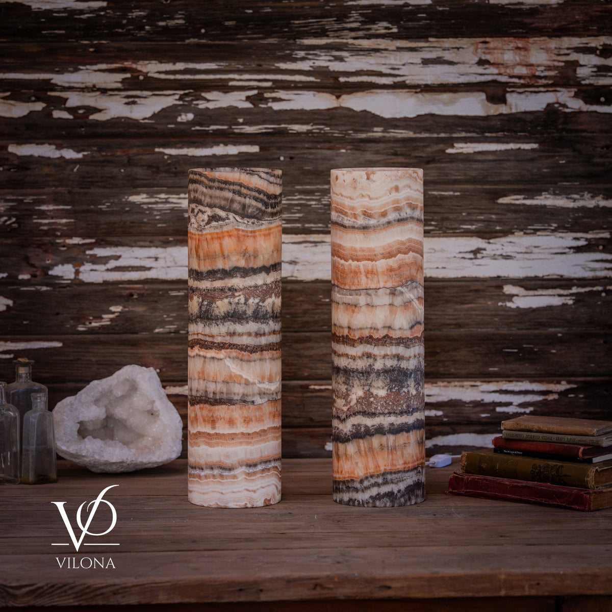 Tangerine Onyx Cylinder Table Lamp Pair #1 — 19.75″