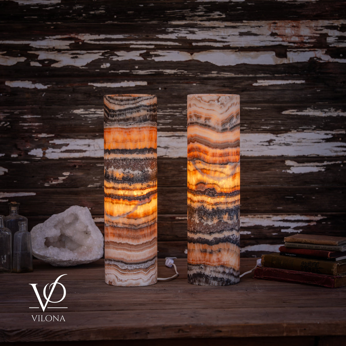 Tangerine Onyx Cylinder Table Lamp Pair #1 — 19.75″