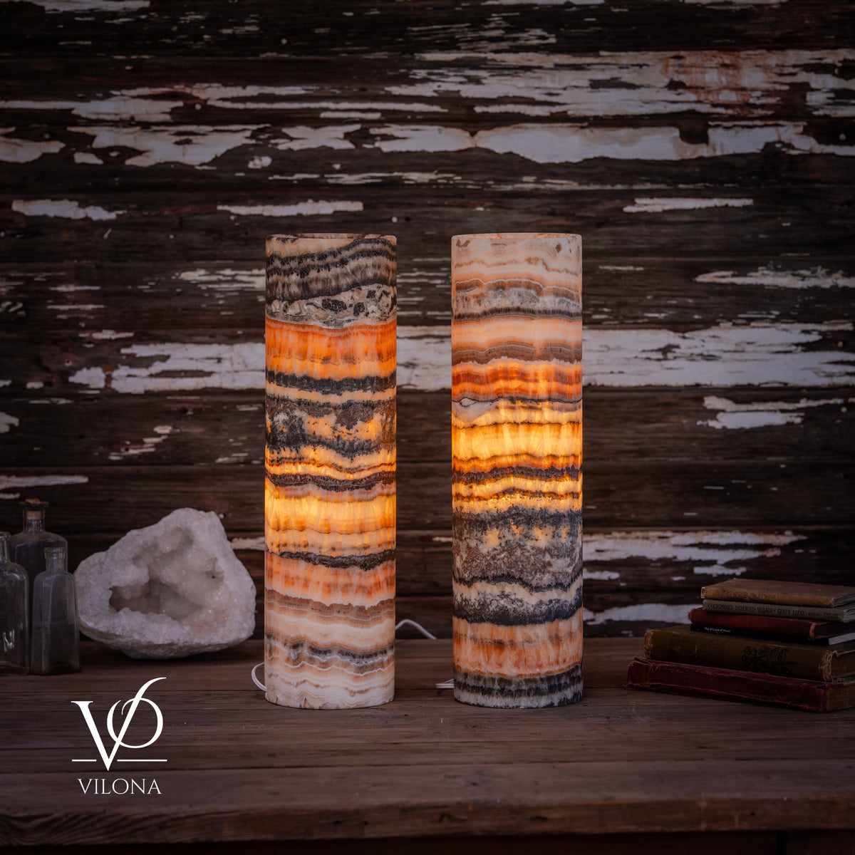 Tangerine Onyx Cylinder Table Lamp Pair #1 — 19.75″