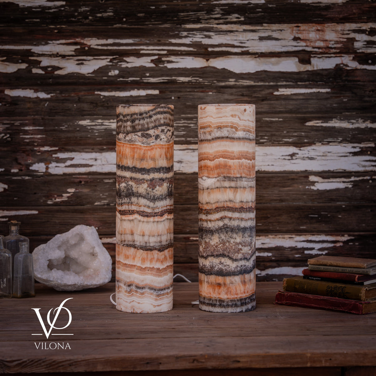 Tangerine Onyx Cylinder Table Lamp Pair #1 — 19.75″