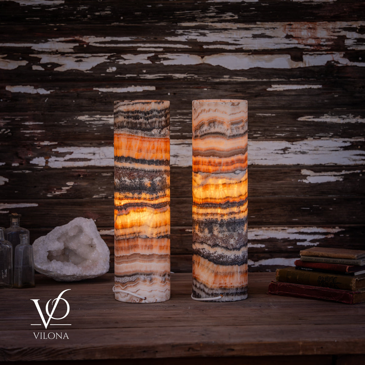 Tangerine Onyx Cylinder Table Lamp Pair #1 — 19.75″