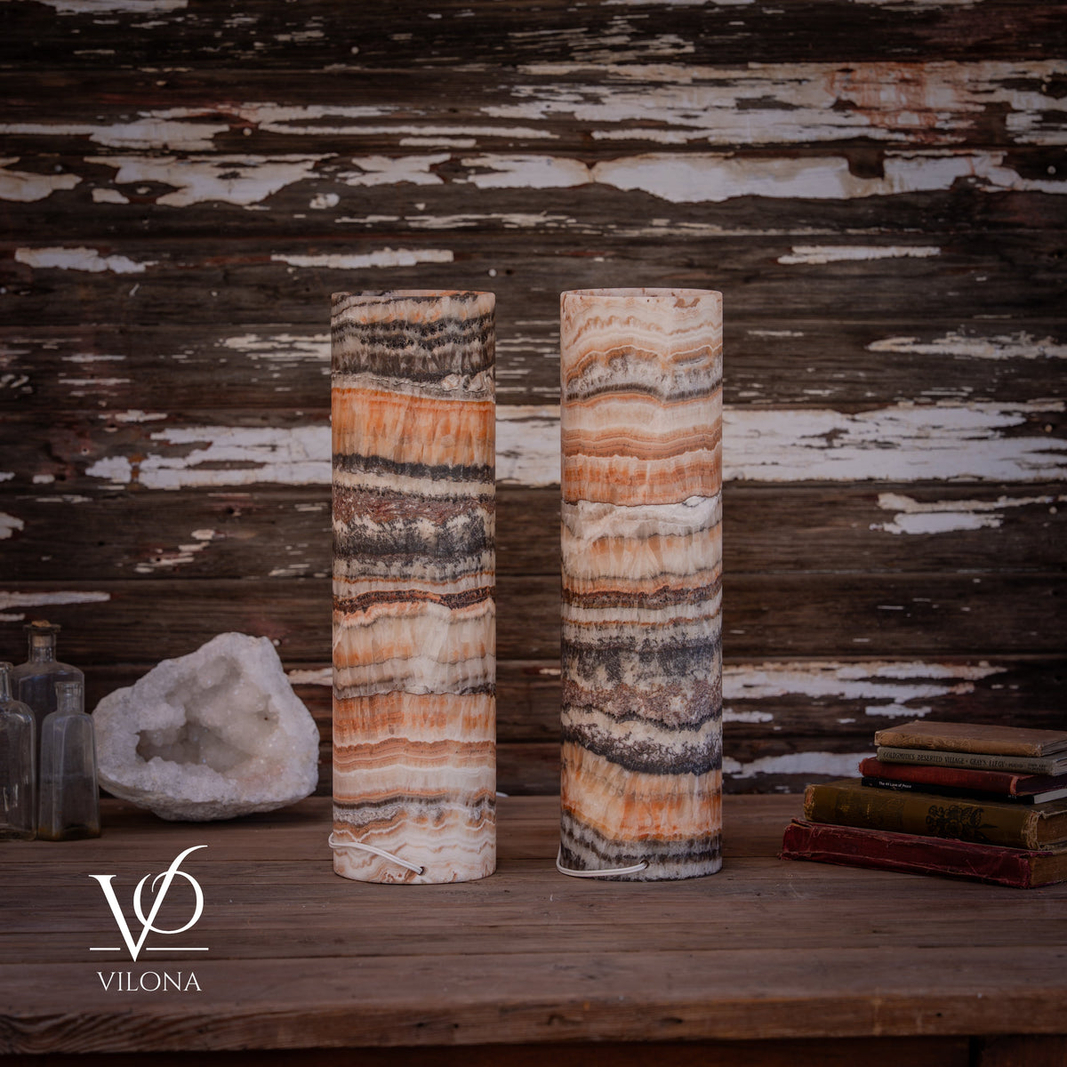 Tangerine Onyx Cylinder Table Lamp Pair #1 — 19.75″