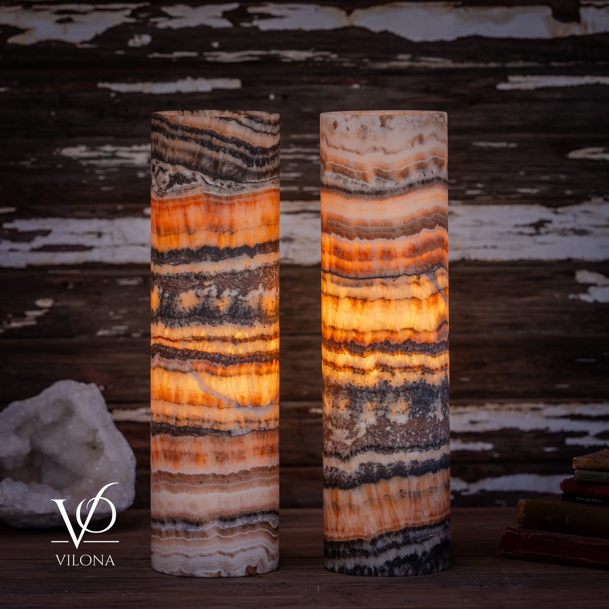 Tangerine Onyx Cylinder Table Lamp Pair #1 — 19.75″