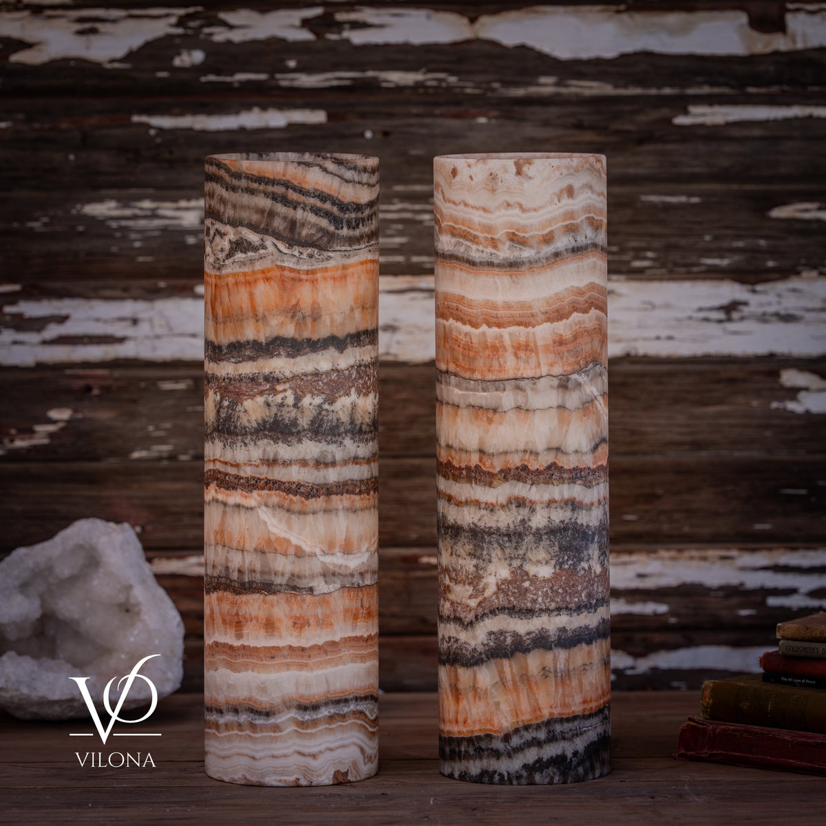 Tangerine Onyx Cylinder Table Lamp Pair #1 — 19.75″
